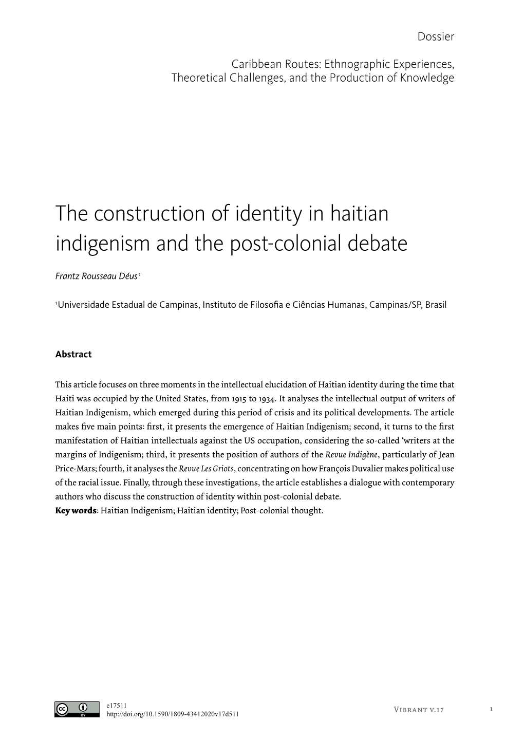 The Construction of Identity in Haitian Indigenism and the Post-Colonial Debate