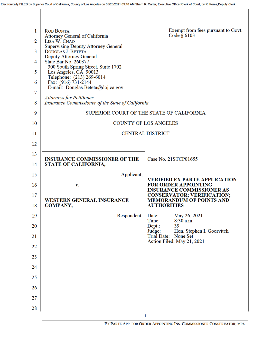 Western General Insurance Company (Western General) Pursuant to Insurance Code Section