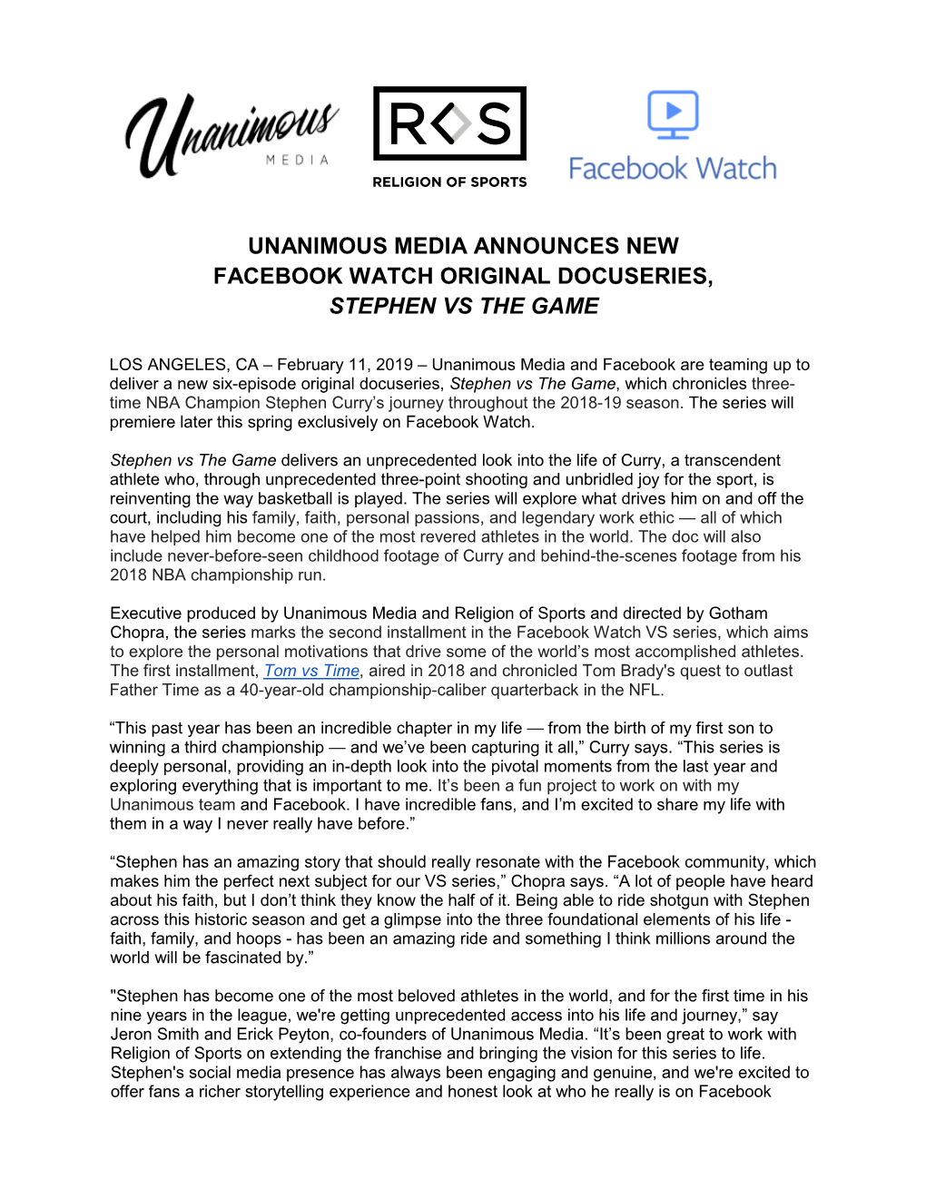 Unanimous Media Announces New Facebook Watch Original Docuseries, Stephen Vs the Game