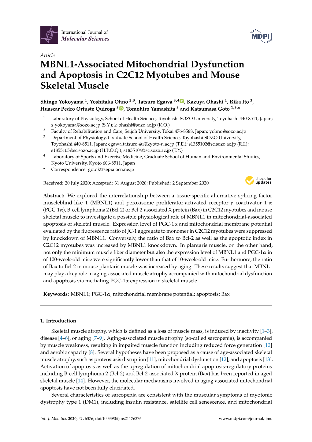MBNL1-Associated Mitochondrial Dysfunction and Apoptosis in C2C12 Myotubes and Mouse Skeletal Muscle