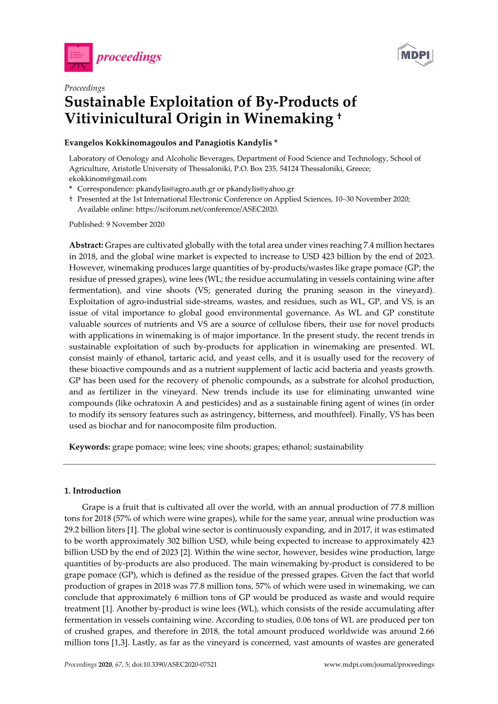 Sustainable Exploitation of By-Products of Vitivinicultural Origin in Winemaking †