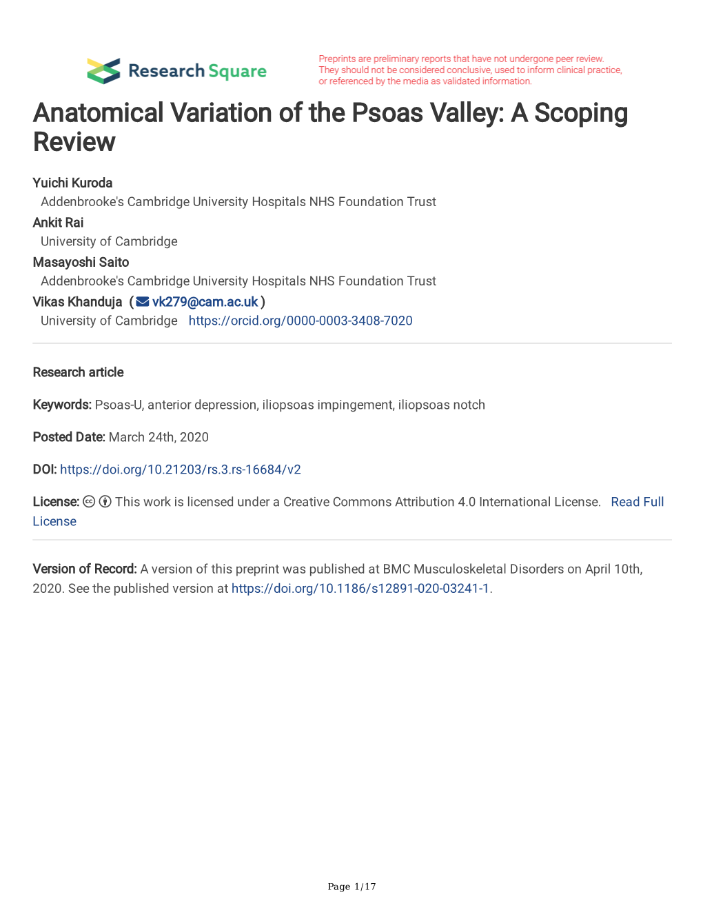 Anatomical Variation of the Psoas Valley: a Scoping Review