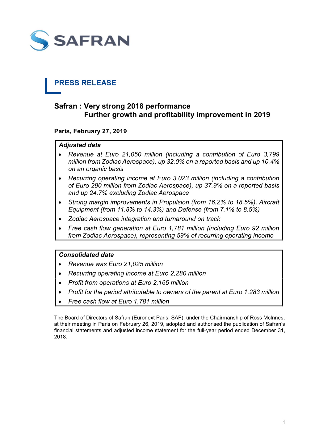 Very Strong 2018 Performance Further Growth and Profitability Improvement in 2019