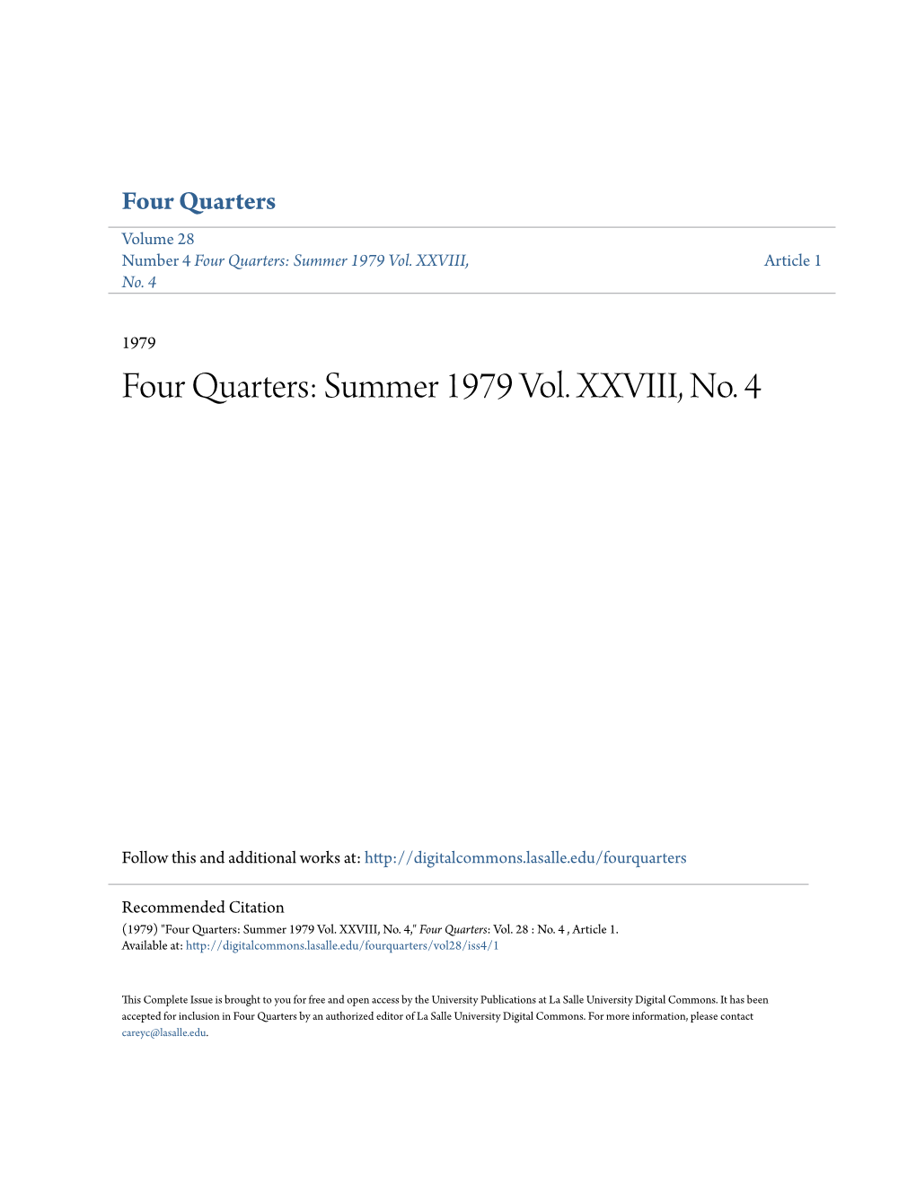 Four Quarters: Summer 1979 Vol. XXVIII, No. 4