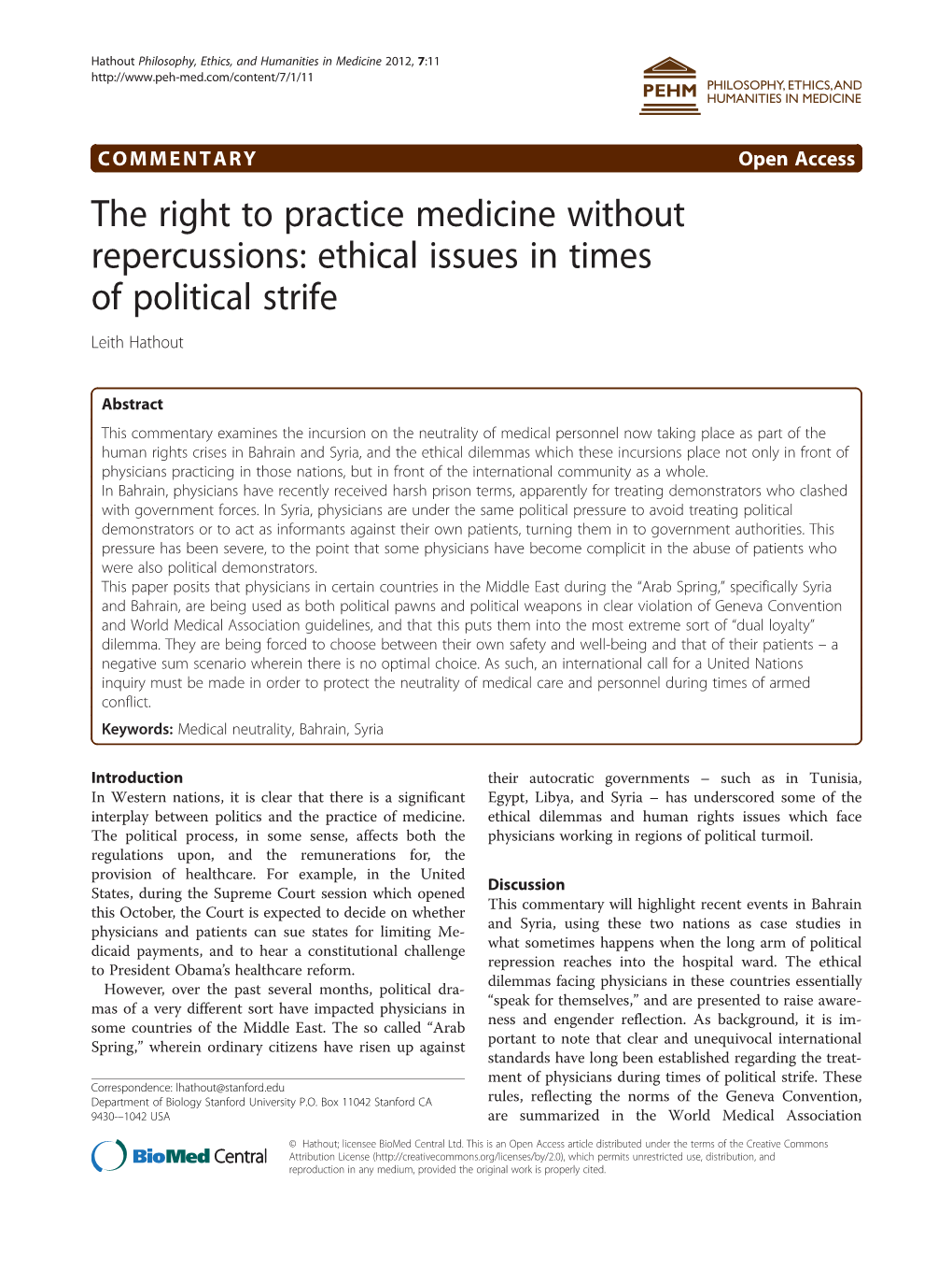 The Right to Practice Medicine Without Repercussions: Ethical Issues in Times of Political Strife Leith Hathout