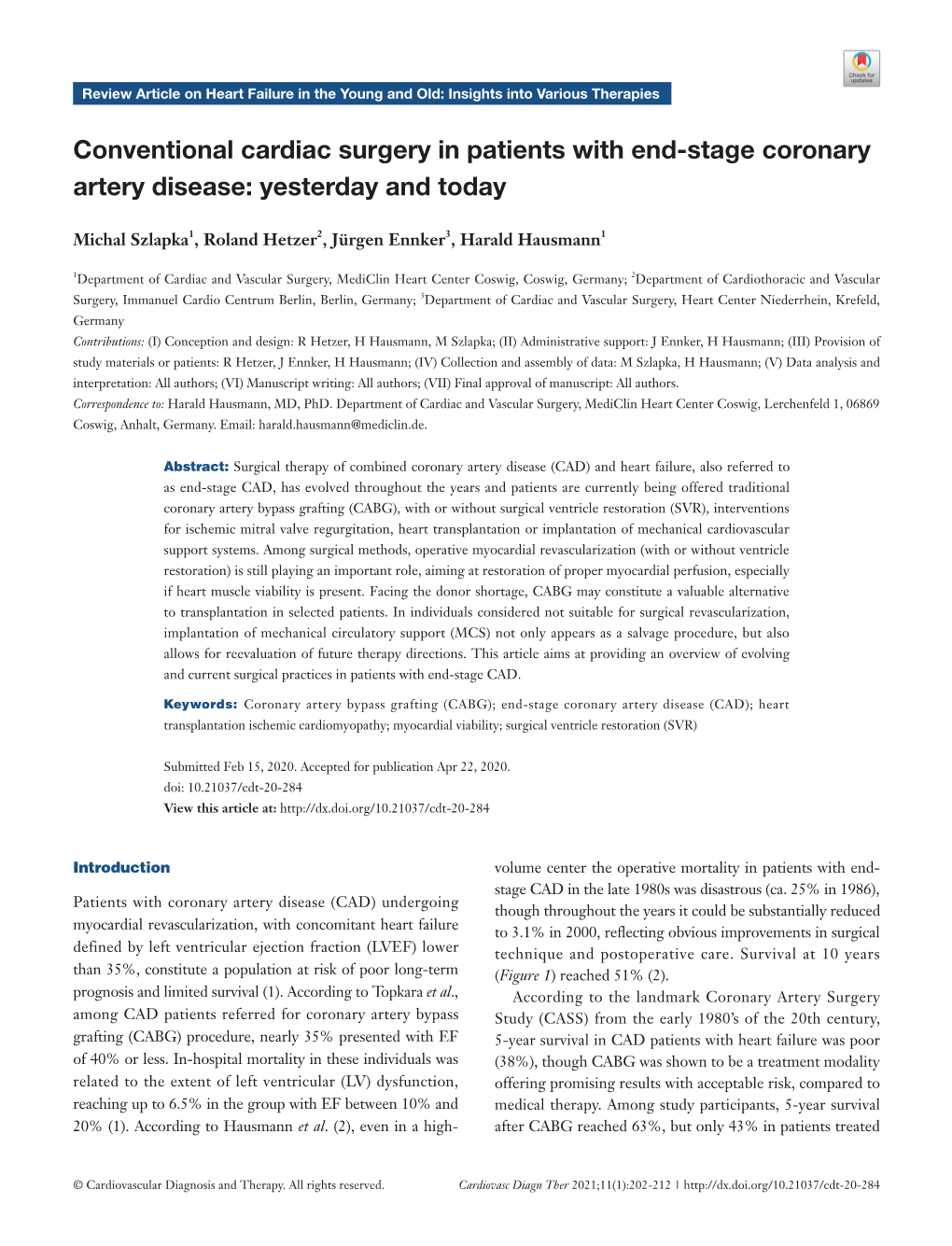Conventional Cardiac Surgery in Patients with End-Stage Coronary Artery Disease: Yesterday and Today