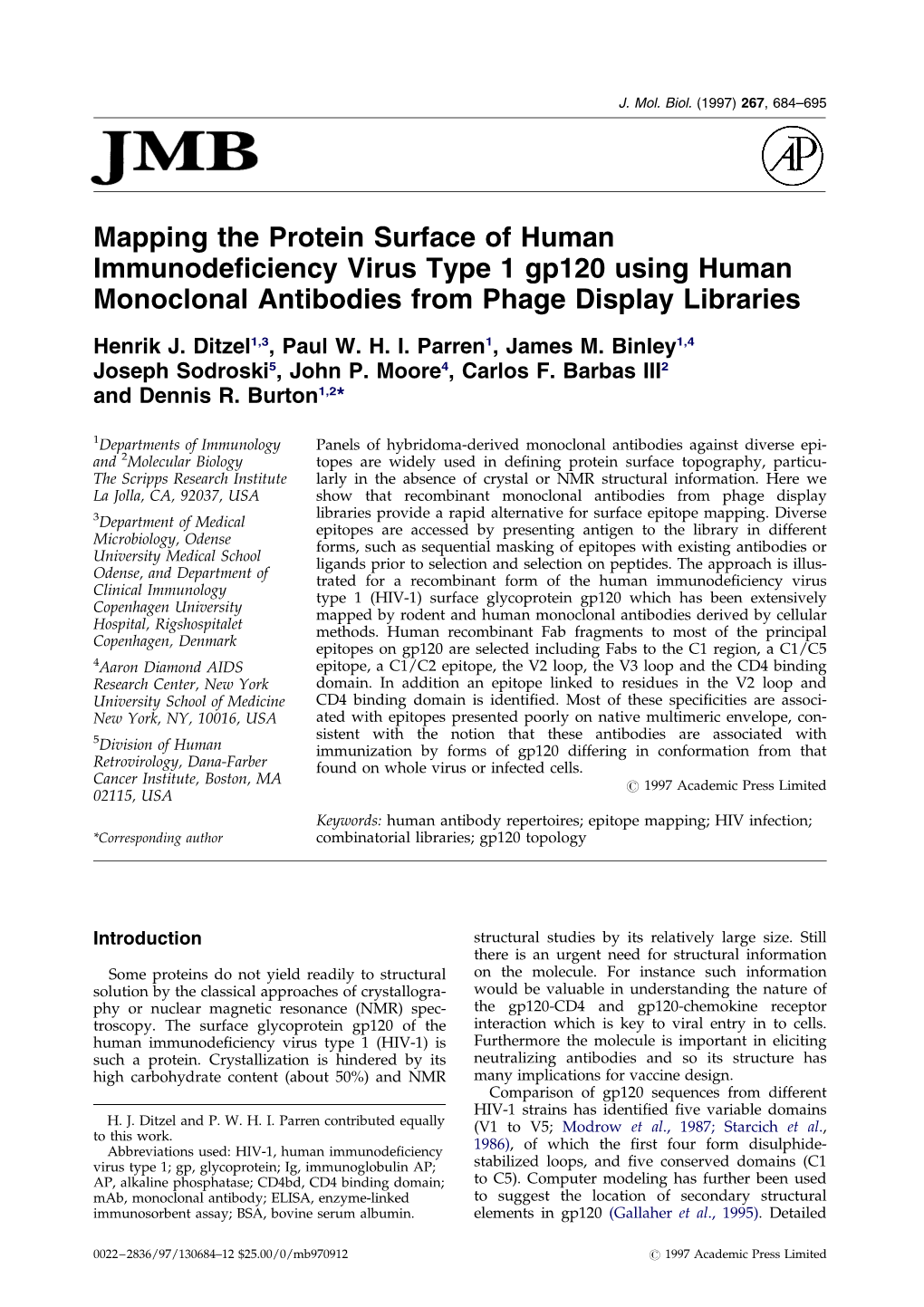 Mapping the Protein Surface of Human Immunodeficiency Virus Type 1 Gp120 Using Human Monoclonal Antibodies from Phage Display Libraries