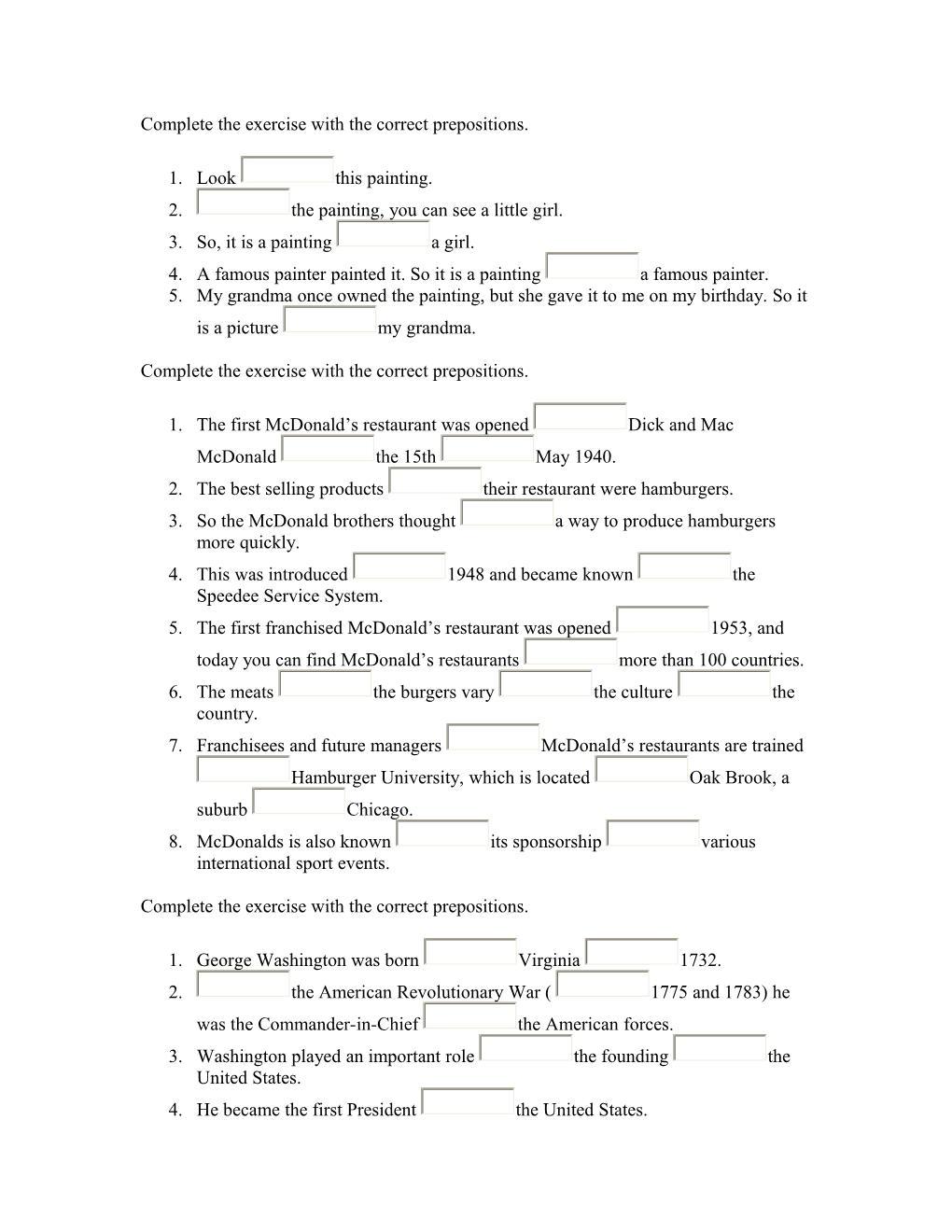 Complete the Exercise with the Correct Prepositions