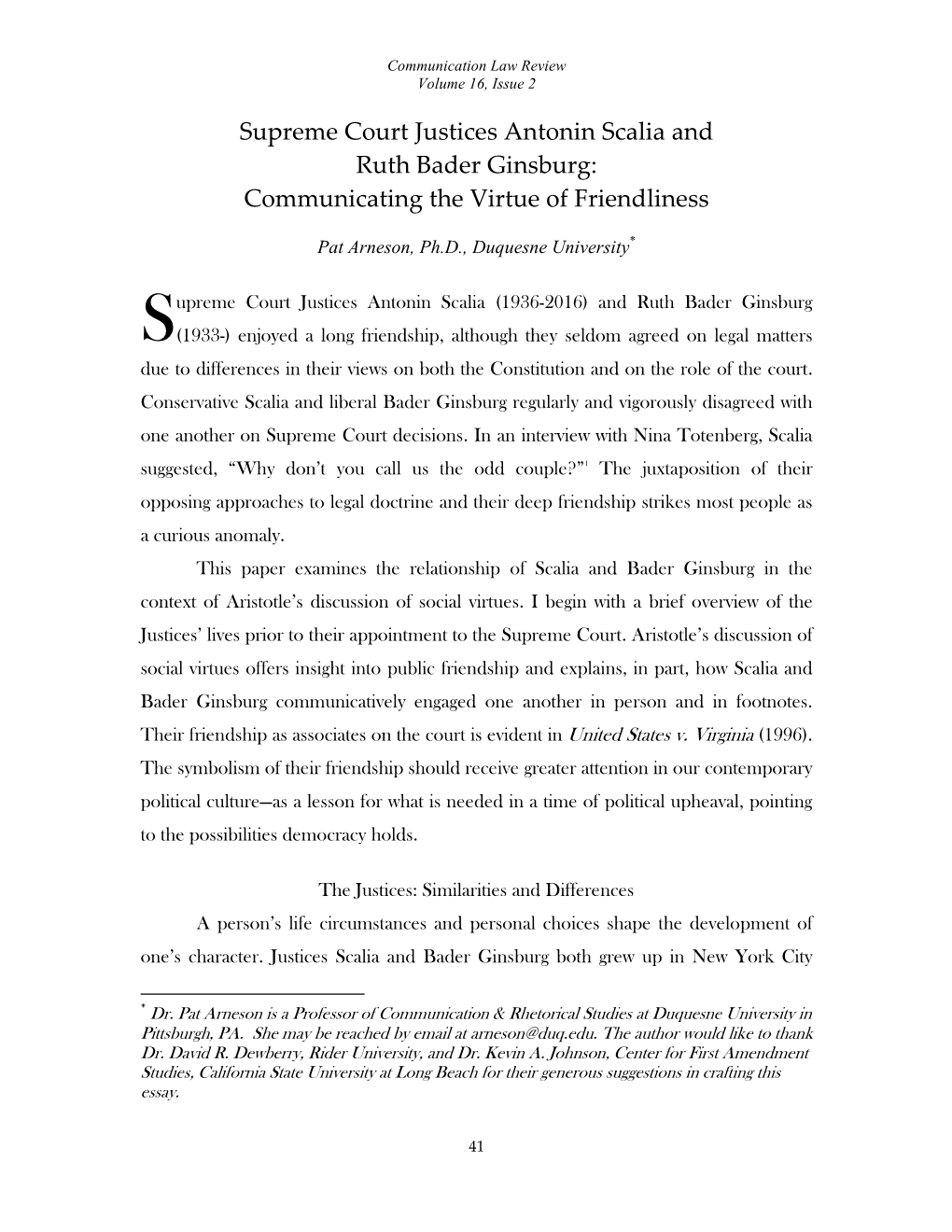 Supreme Court Justices Antonin Scalia and Ruth Bader Ginsburg: Communicating the Virtue of Friendliness