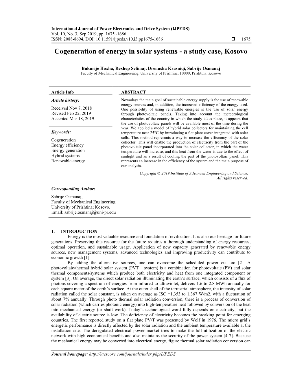 Cogeneration of Energy in Solar Systems - a Study Case, Kosovo