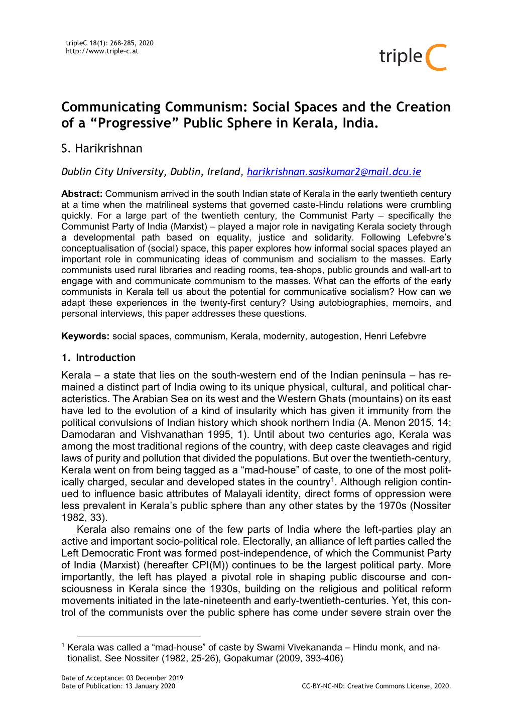 Social Spaces and the Creation of a “Progressive” Public Sphere in Kerala, India