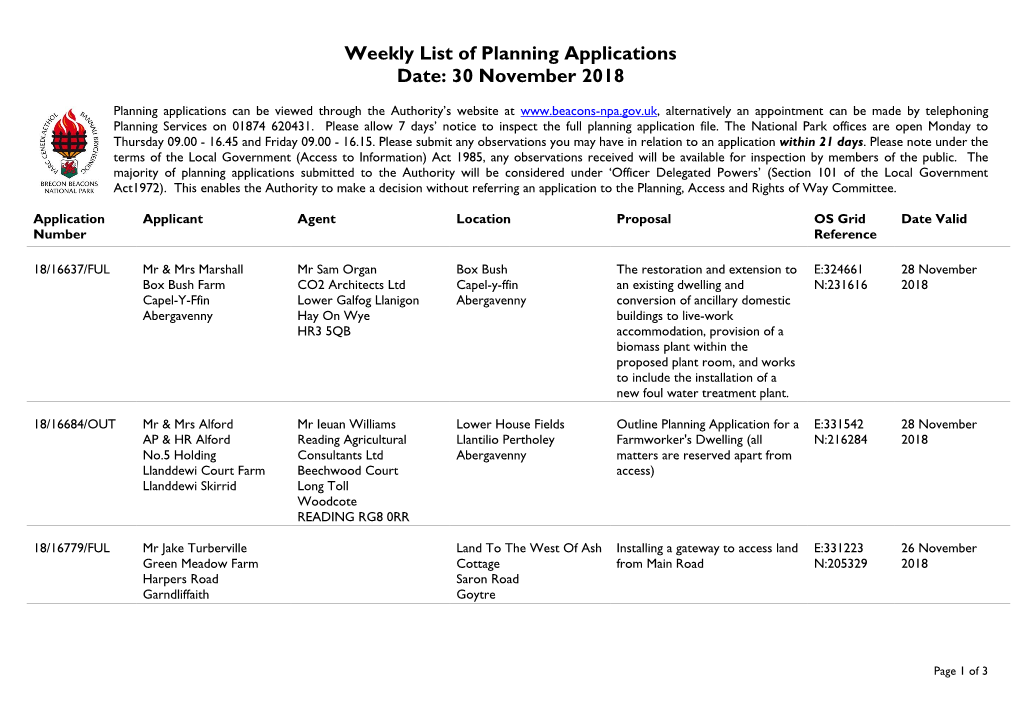 Weekly List of Planning Applications Date: 30 November 2018