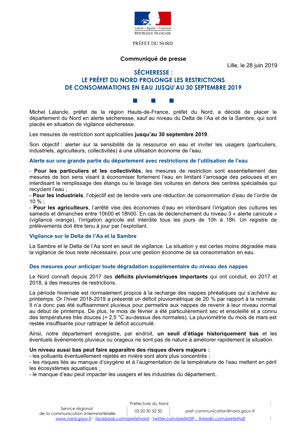 Sécheresse : Le Préfet Du Nord Prolonge Les Restrictions De Consommations En Eau Jusqu'au 30 Septembre 2019