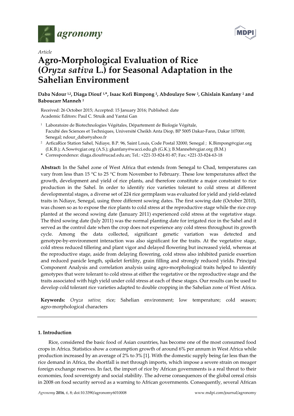 Agro-Morphological Evaluation of Rice (Oryza Sativa L.) for Seasonal Adaptation in the Sahelian Environment