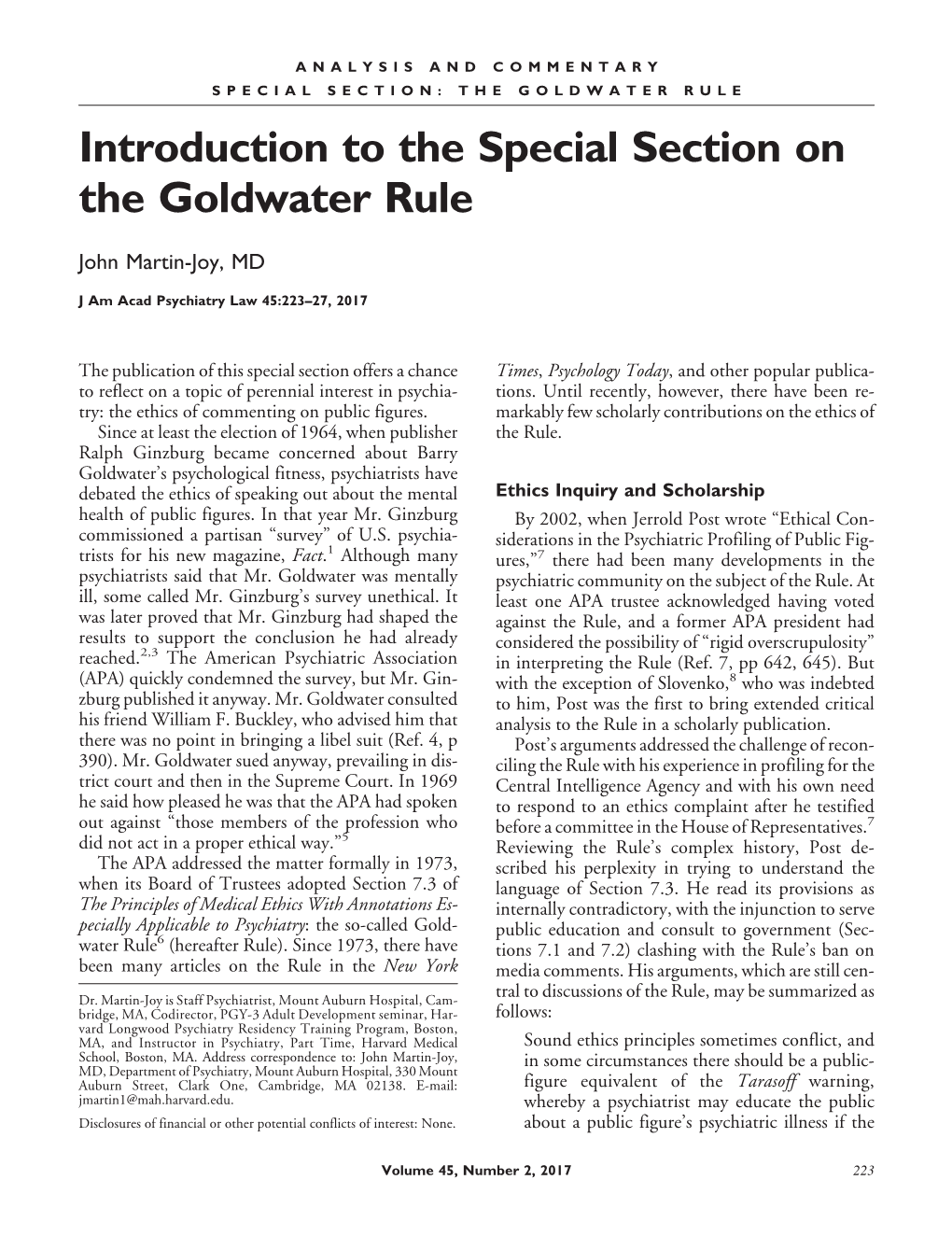 Introduction to the Special Section on the Goldwater Rule