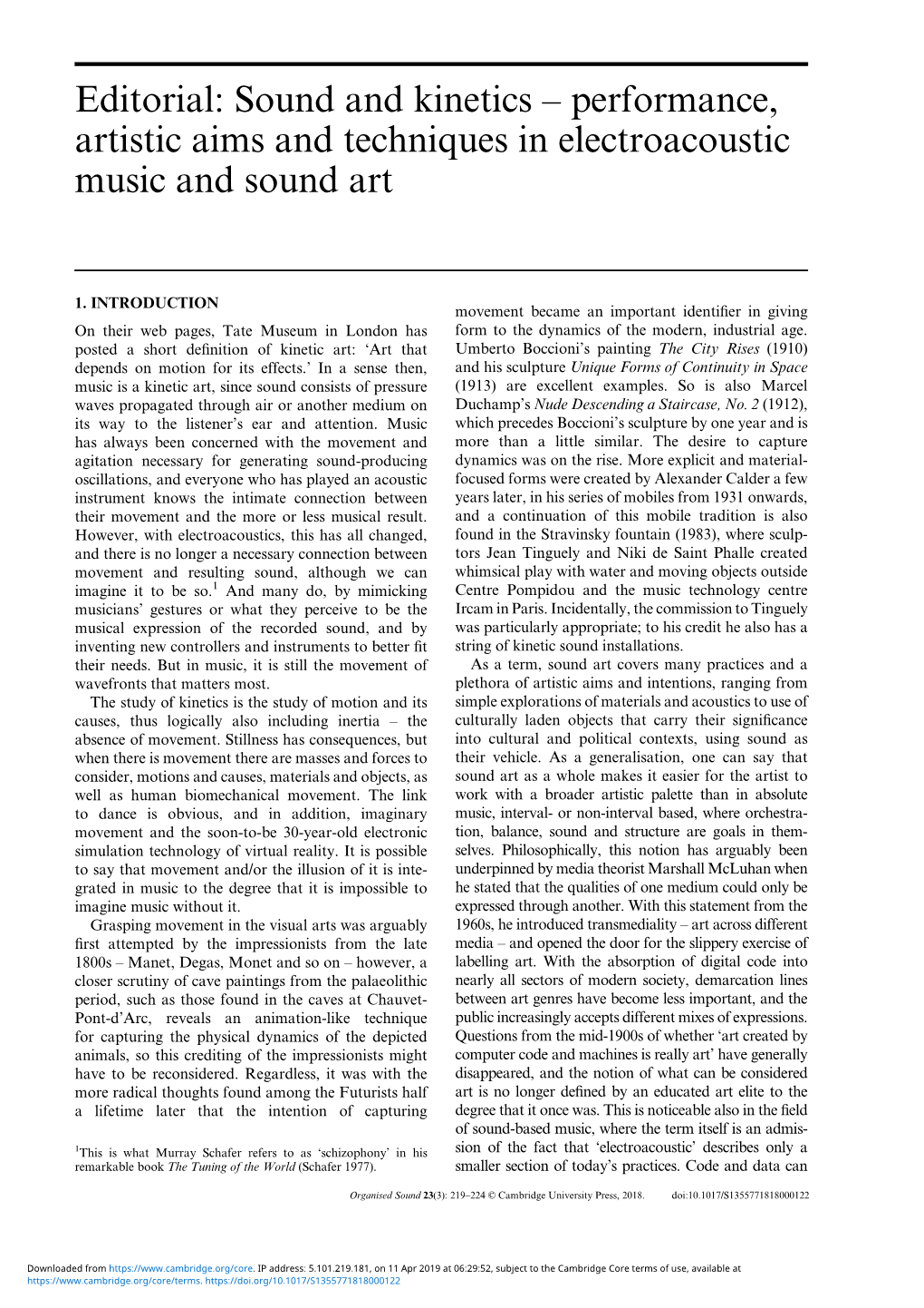 Editorial: Sound and Kinetics – Performance, Artistic Aims and Techniques in Electroacoustic Music and Sound Art