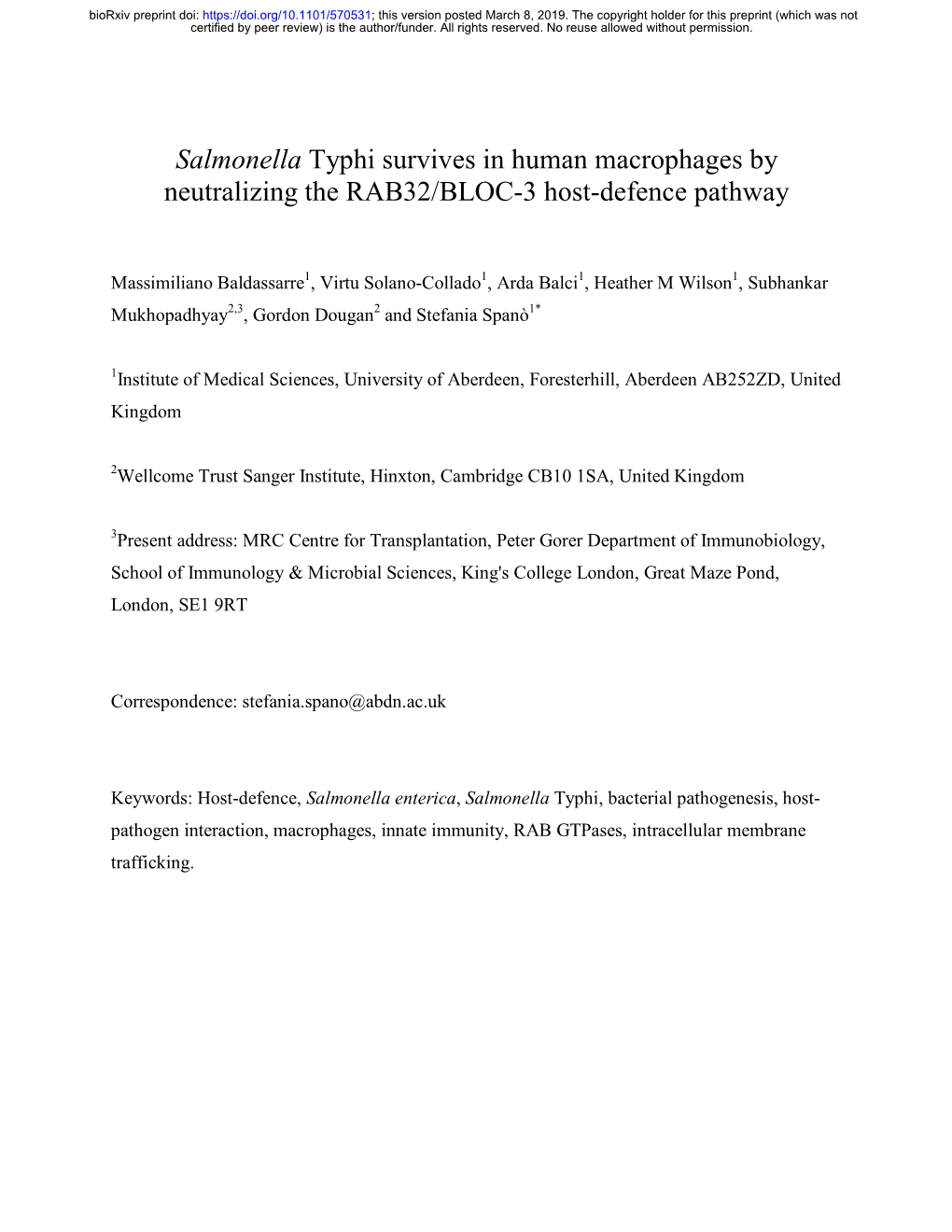 Salmonella Typhi Survives in Human Macrophages by Neutralizing the RAB32/BLOC-3 Host-Defence Pathway