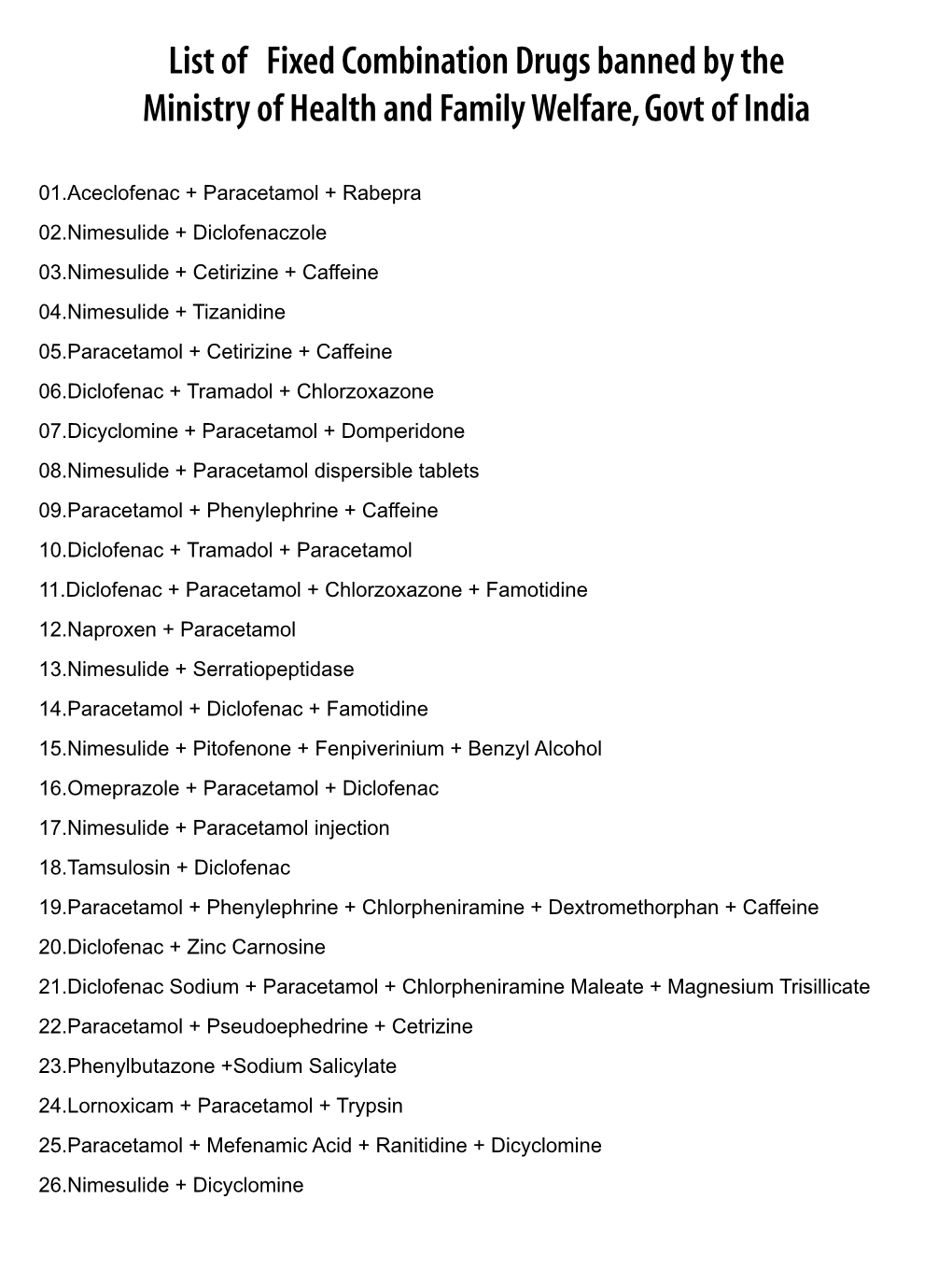 List of Fixed Combination Drugs Banned by the Ministry of Health and Family Welfare, Govt of India