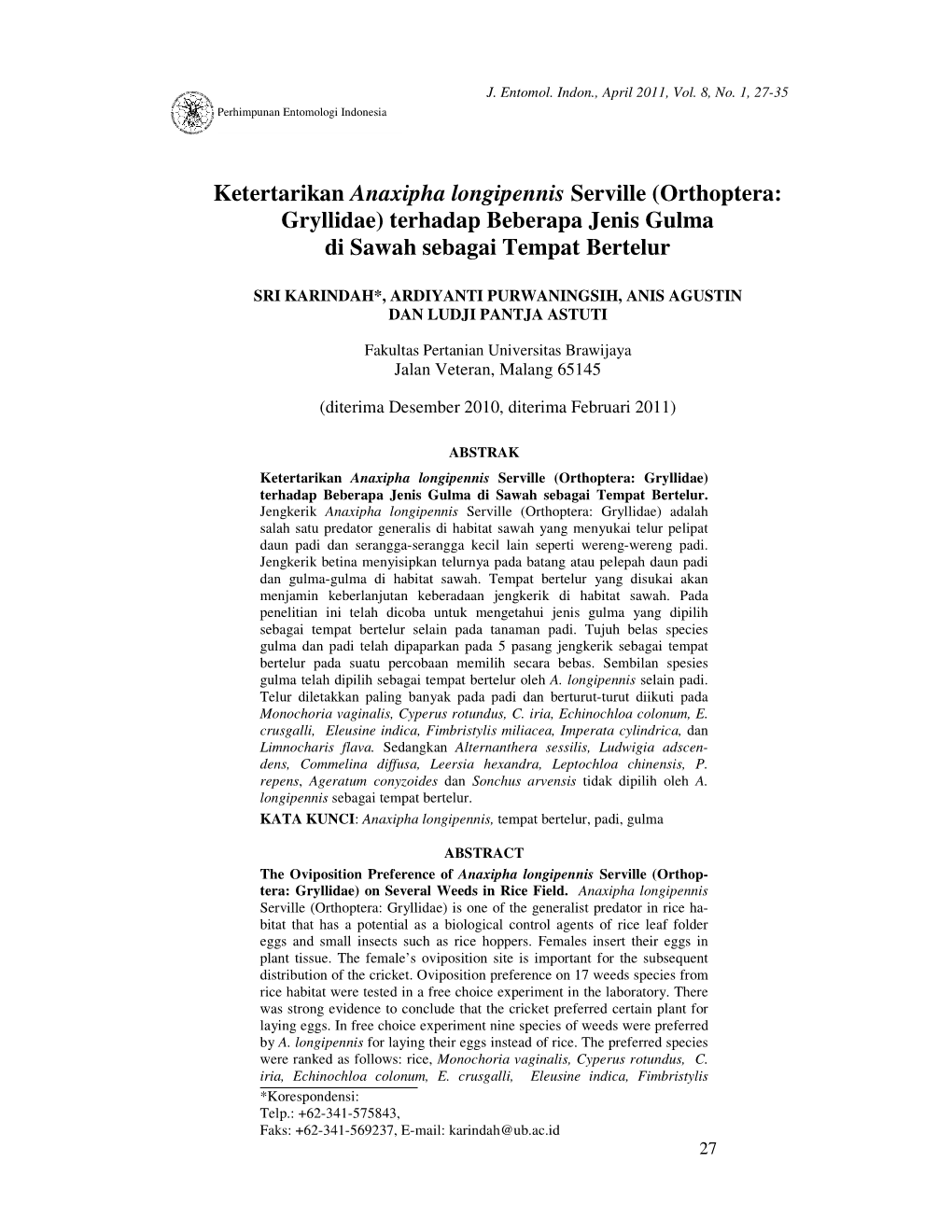 Ketertarikan Anaxipha Longipennis Serville (Orthoptera: Gryllidae) Terhadap Beberapa Jenis Gulma Di Sawah Sebagai Tempat Bertelur