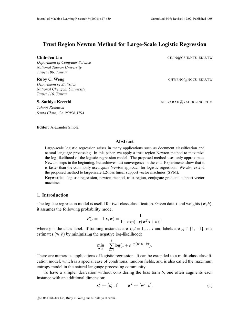 Trust Region Newton Method for Large-Scale Logistic Regression