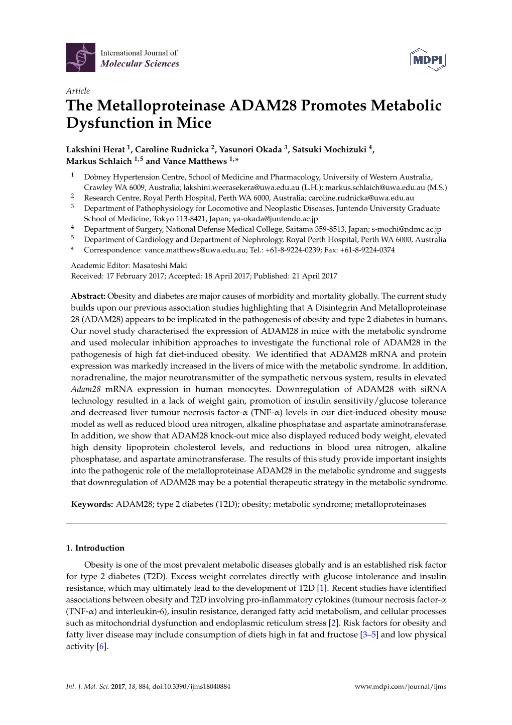 The Metalloproteinase ADAM28 Promotes Metabolic Dysfunction in Mice