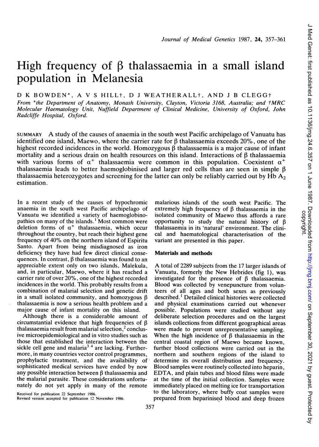 High Frequency of Thalassaemia in a Small Island Population in Melanesia