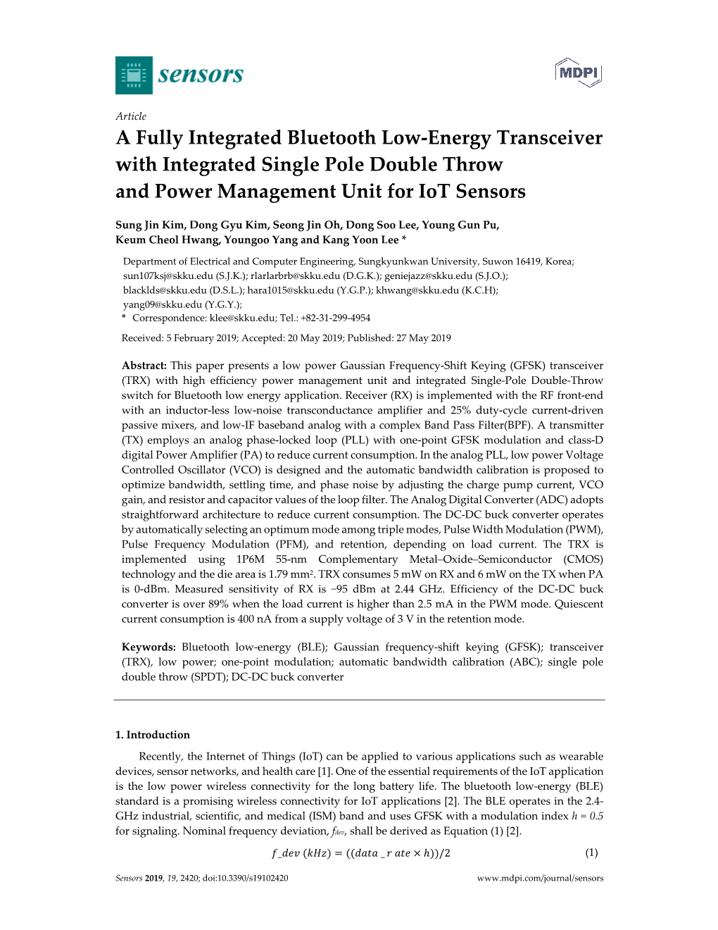 A Fully Integrated Bluetooth Low-Energy Transceiver with Integrated Single Pole Double Throw and Power Management Unit for Iot Sensors