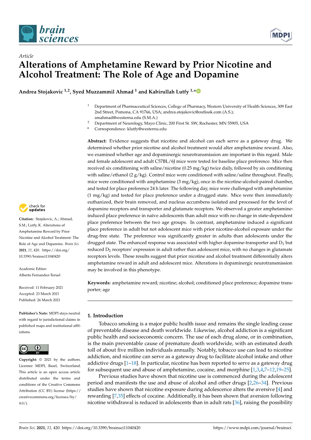 Alterations of Amphetamine Reward by Prior Nicotine and Alcohol Treatment: the Role of Age and Dopamine