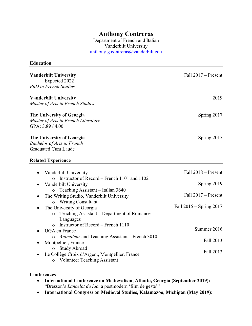 Anthony Contreras Department of French and Italian Vanderbilt University Anthony.G.Contreras@Vanderbilt.Edu
