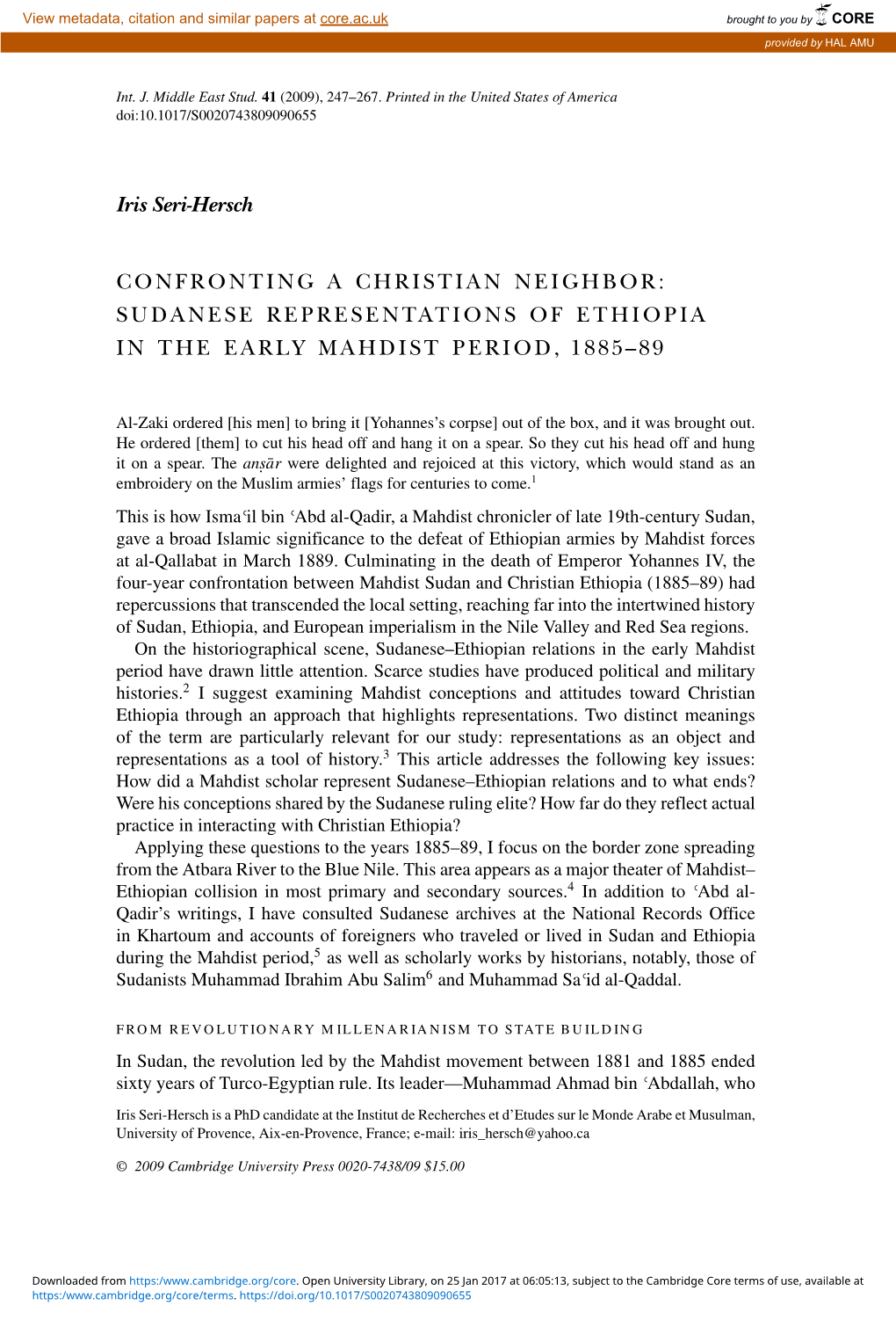 Confronting a Christian Neighbor: Sudanese Representations of Ethiopia in the Early Mahdist Period, 1885–89