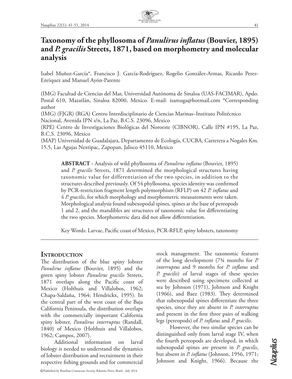 Taxonomy of the Phyllosoma of Panulirus Inflatus (Bouvier, 1895) and P