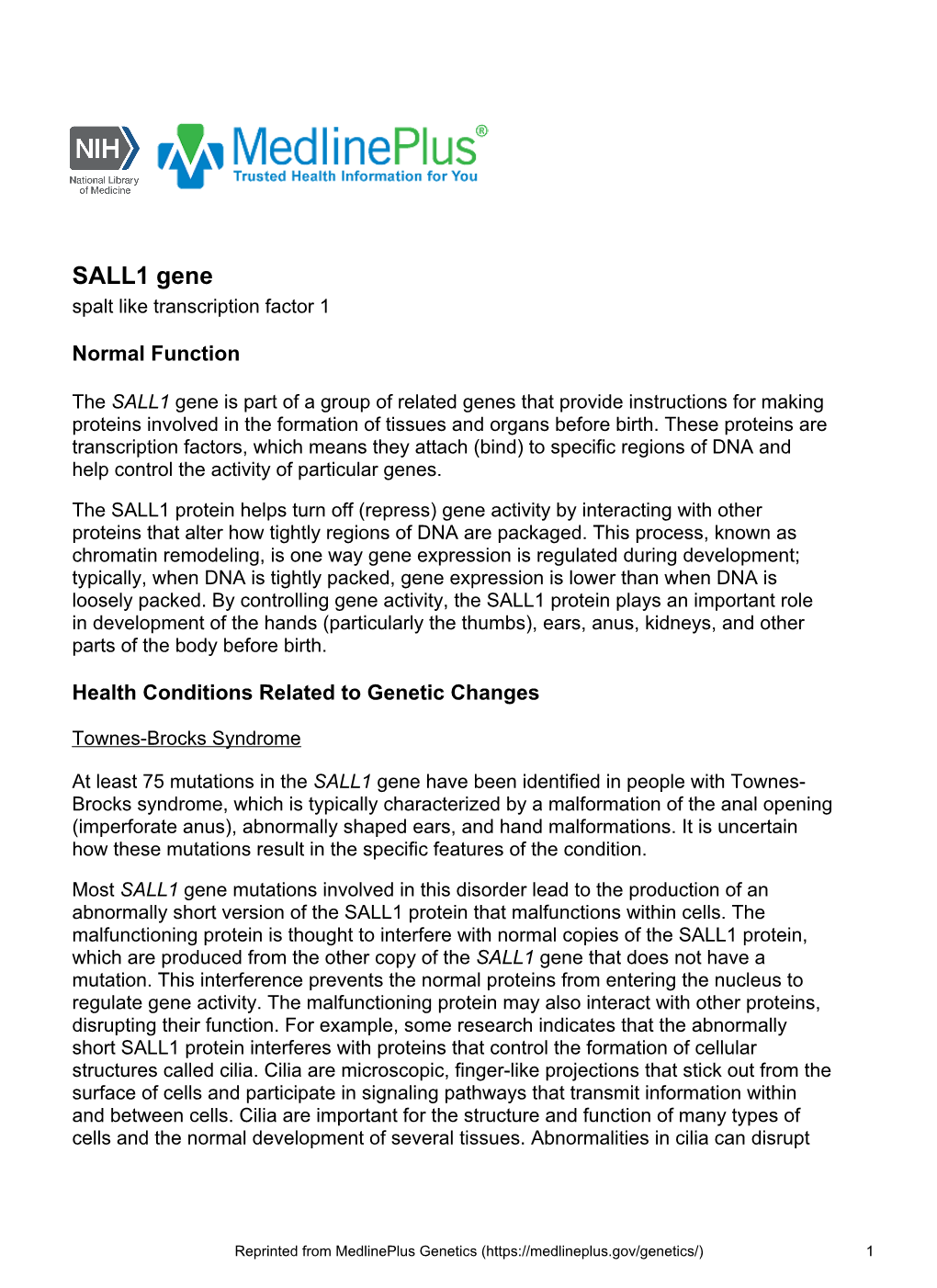 SALL1 Gene Spalt Like Transcription Factor 1