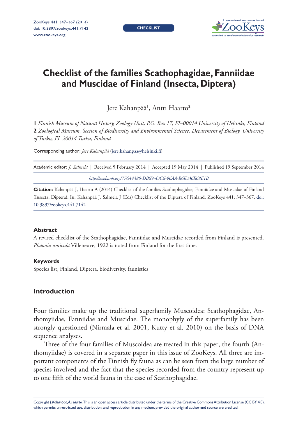 Checklist of the Families Scathophagidae, Fanniidae and Muscidae of Finland (Insecta, Diptera)