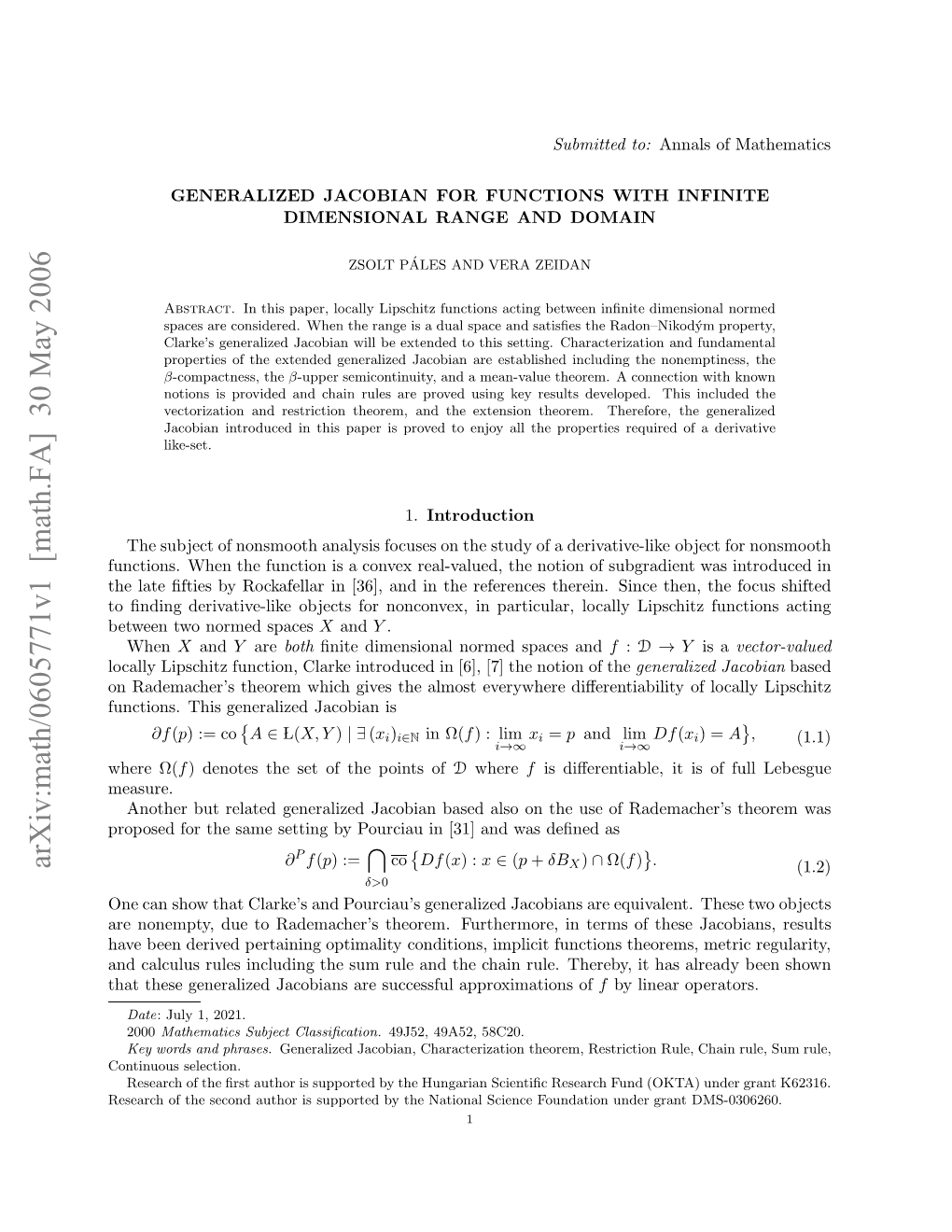 Arxiv:Math/0605771V1 [Math.FA] 30 May 2006 Nrdmce’ Hoe Hc Ie H Loteeyhr D Is Everywhere Jacobian Almost Generalized the This Gives Functions