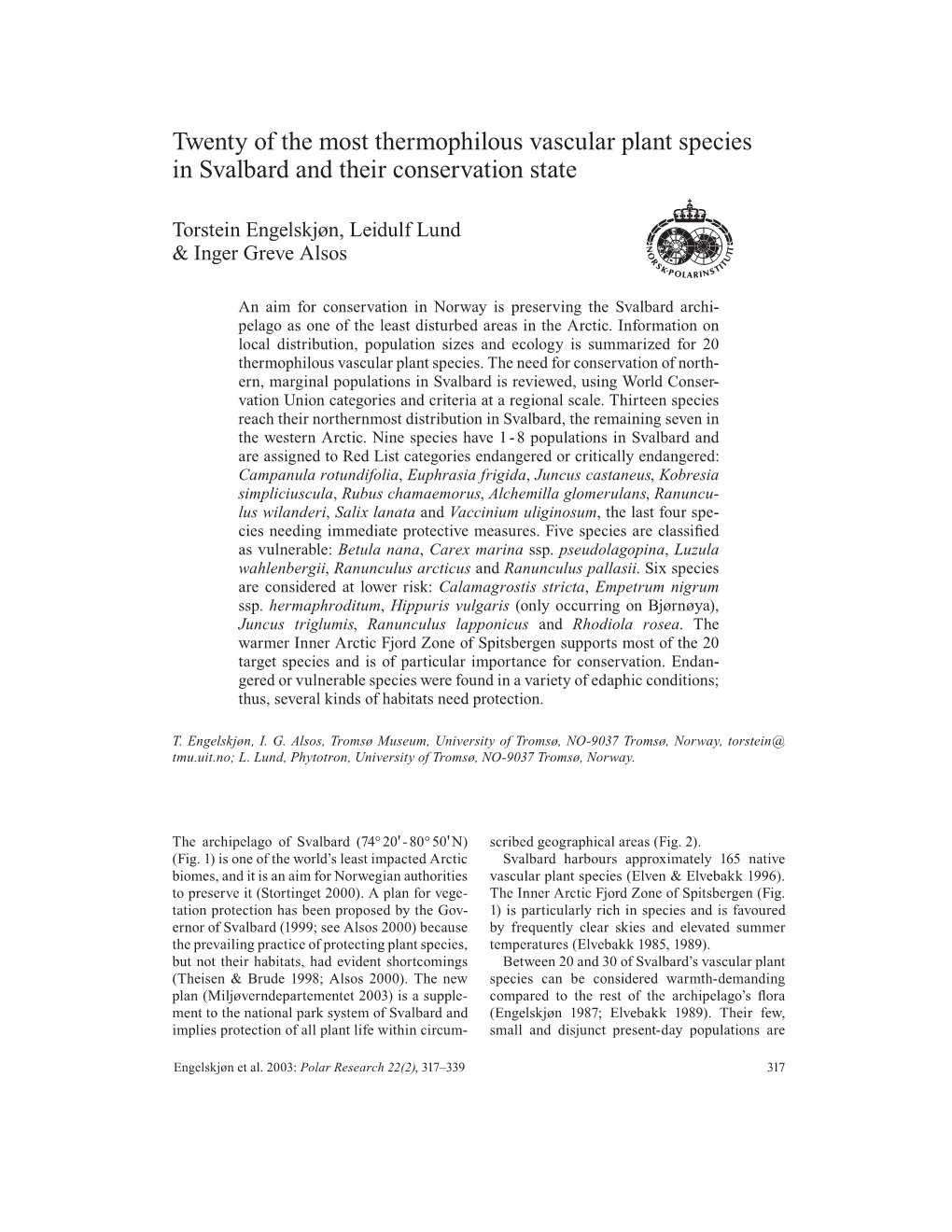 Twenty of the Most Thermophilous Vascular Plant Species in Svalbard and Their Conservation State