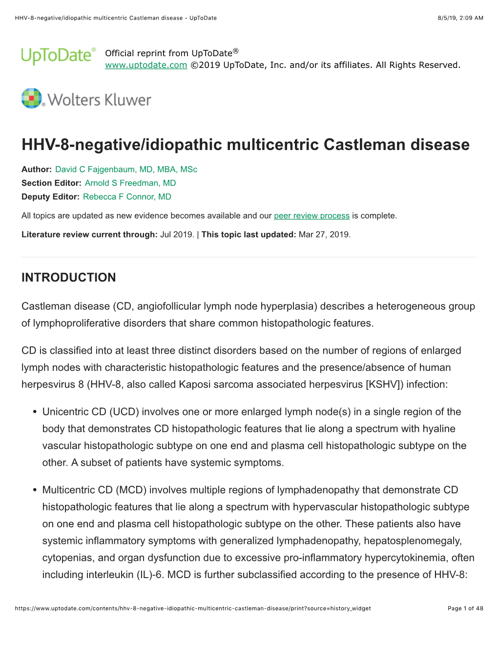 HHV-8-Negative/Idiopathic Multicentric Castleman Disease - Uptodate 8/5/19, 2�09 AM