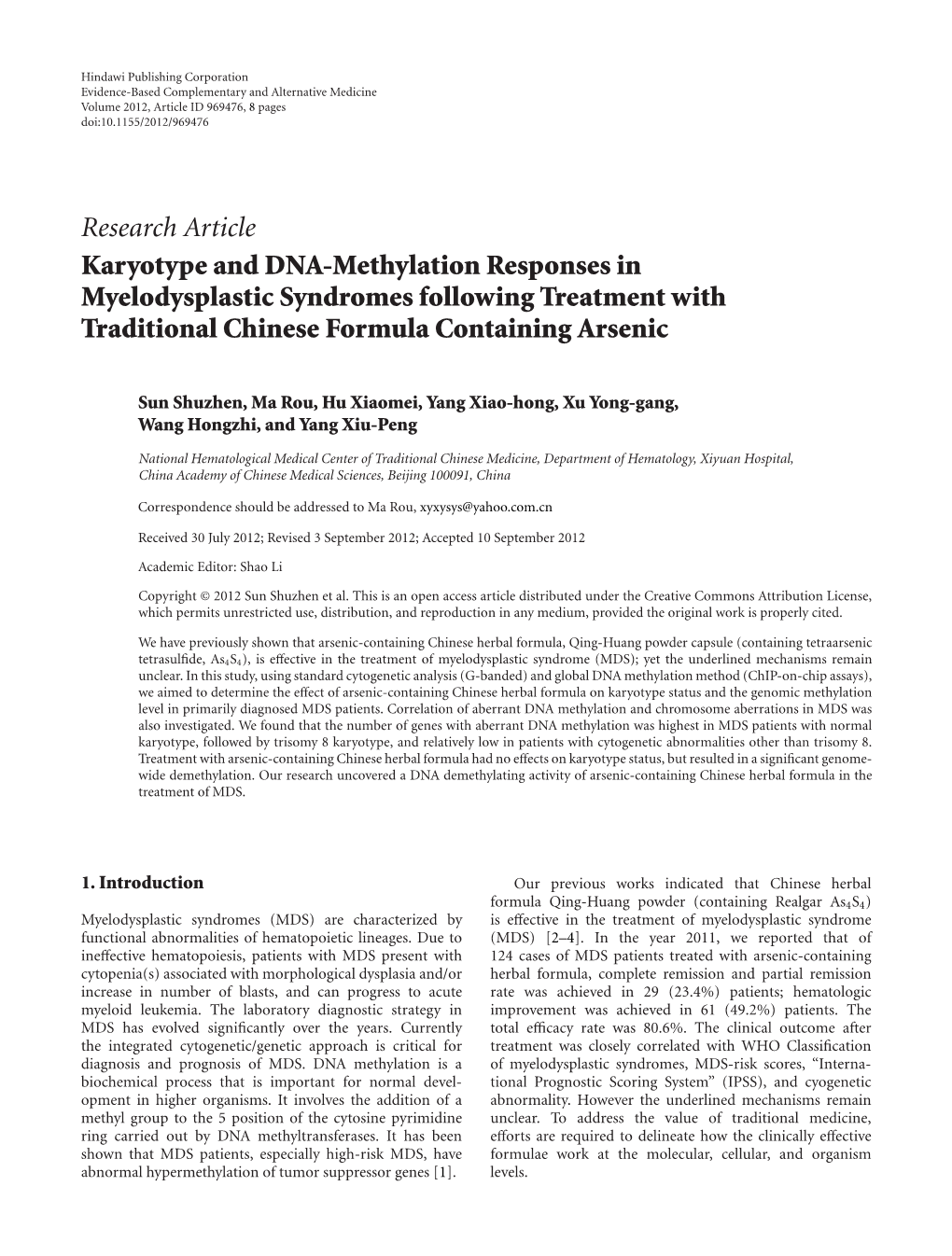 Karyotype and DNA-Methylation Responses in Myelodysplastic Syndromes Following Treatment with Traditional Chinese Formula Containing Arsenic