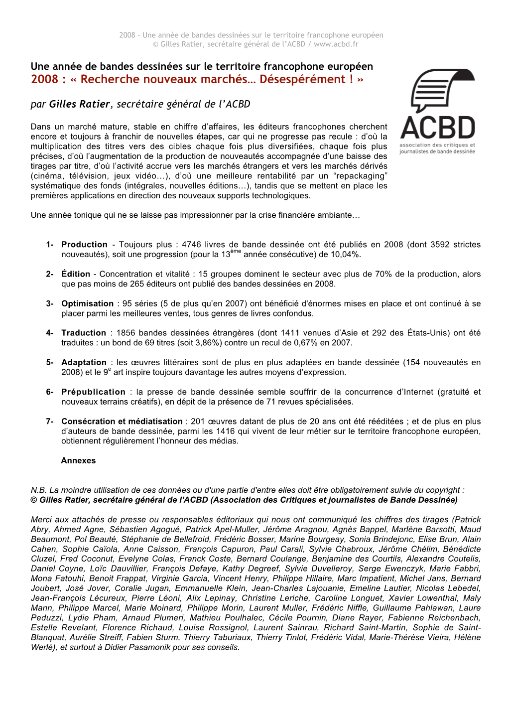 2008 : « Recherche Nouveaux Marchés… Désespérément ! » Par Gilles Ratier, Secrétaire Général De L’ACBD