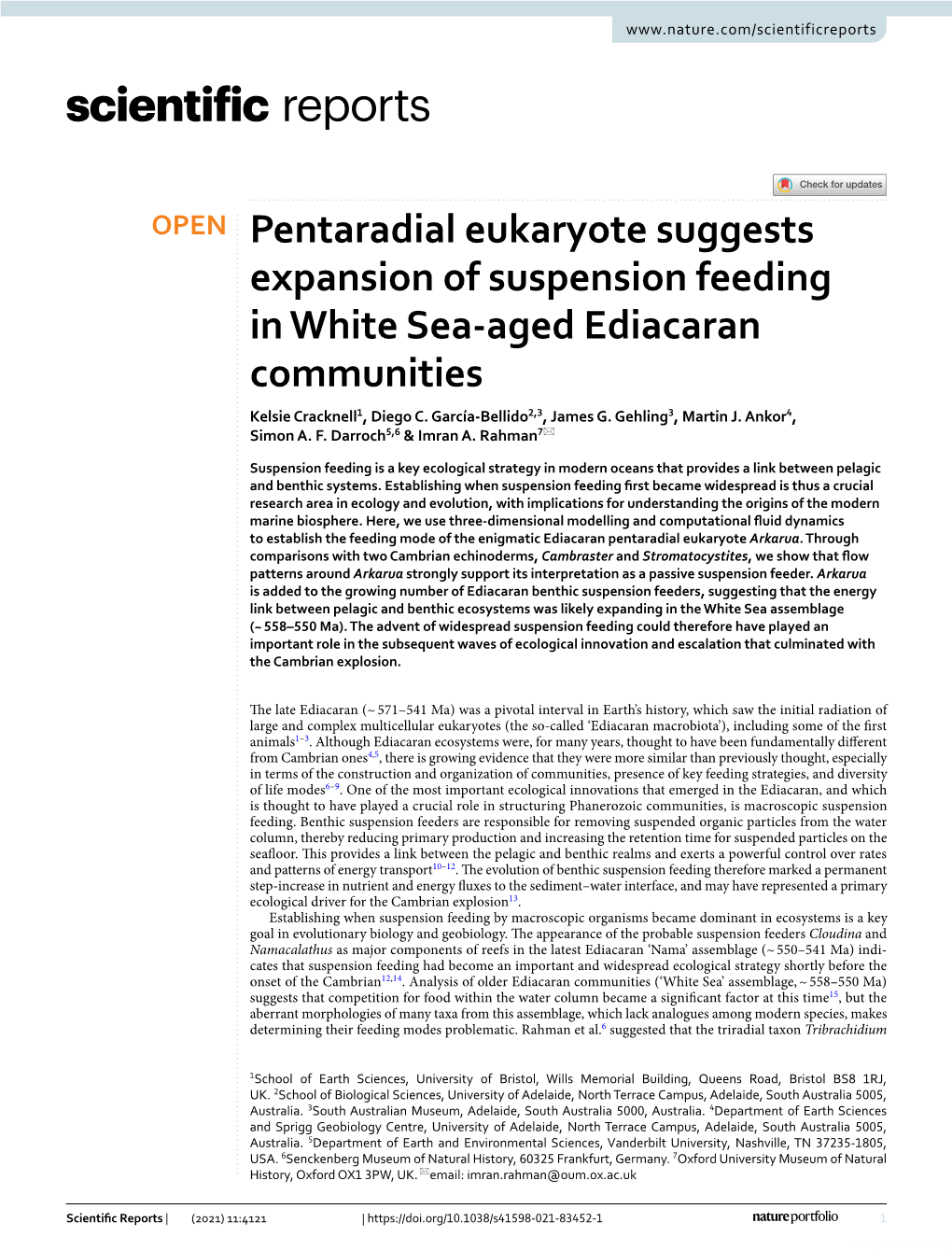 Pentaradial Eukaryote Suggests Expansion of Suspension Feeding in White Sea‑Aged Ediacaran Communities Kelsie Cracknell1, Diego C
