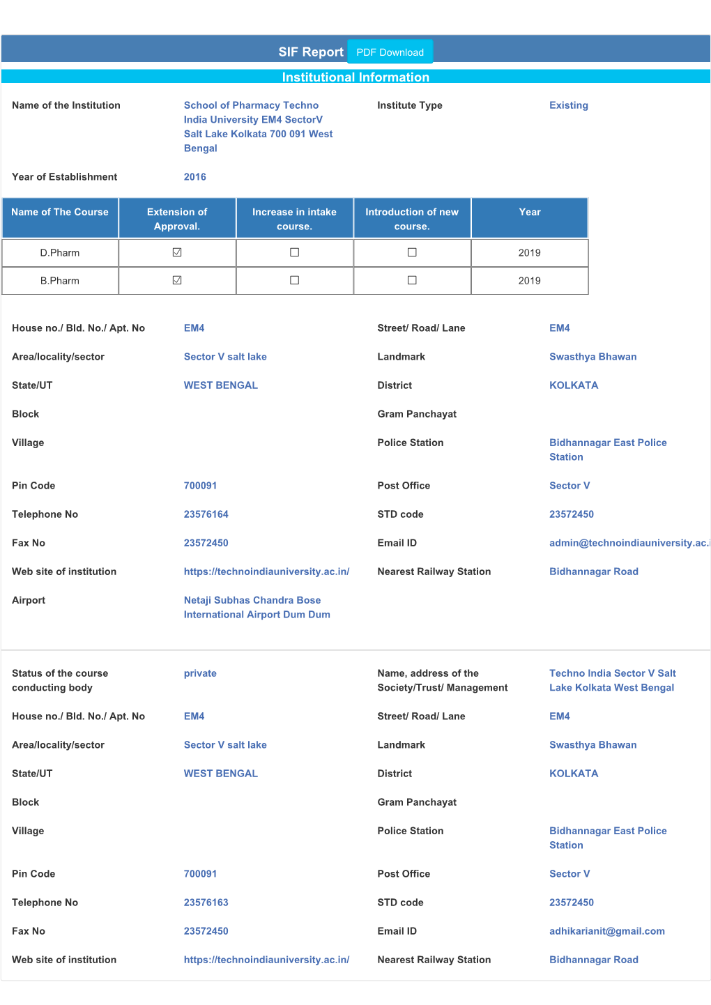 SIF Report PDF Download Institutional Information