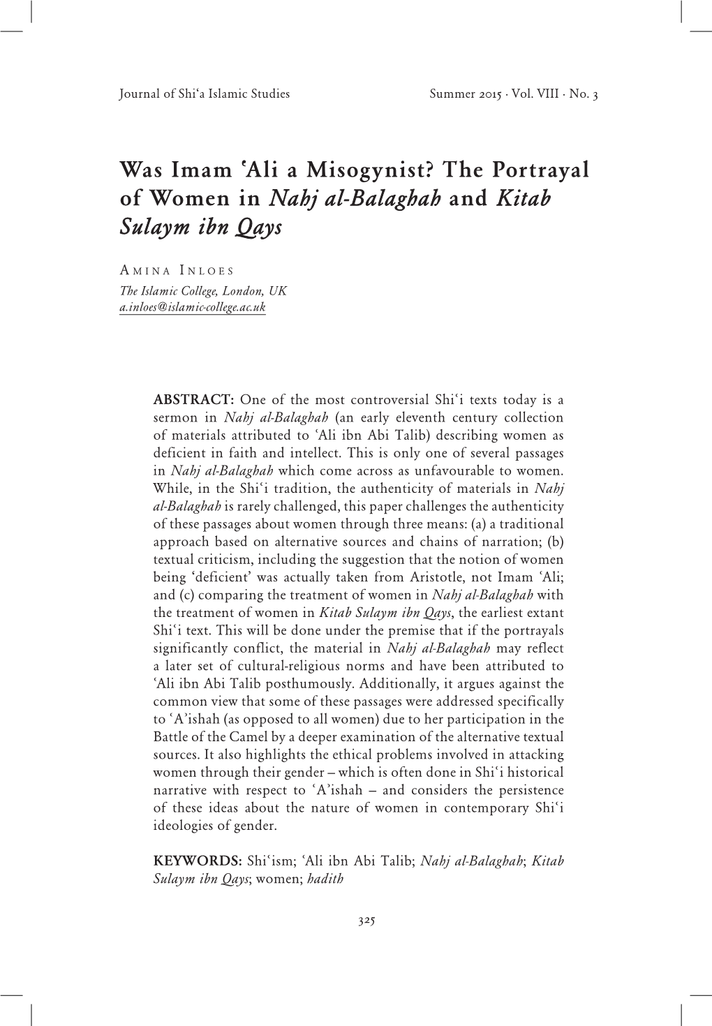 Was Imam İali a Misogynist? the Portrayal of Women in Nahj Al