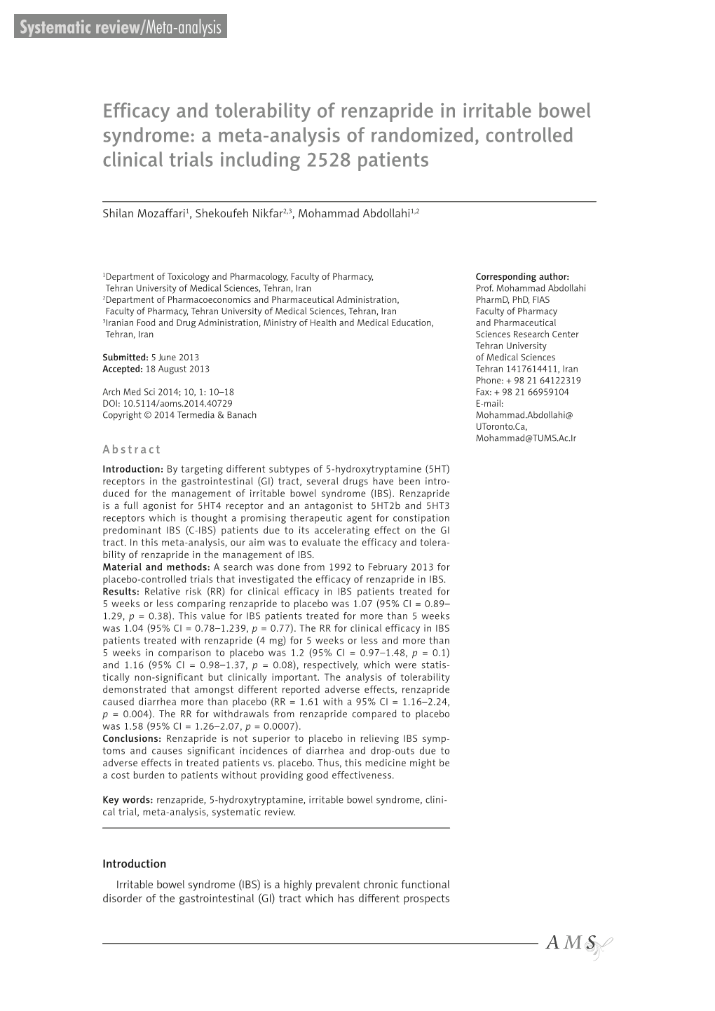 Efficacy and Tolerability of Renzapride in Irritable Bowel Syndrome: a Meta-Analysis of Randomized, Controlled Clinical Trials Including 2528 Patients