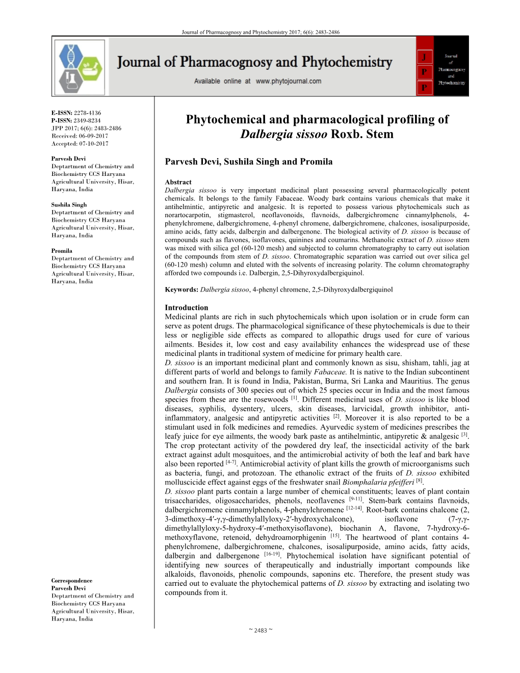 Phytochemical and Pharmacological Profiling of Dalbergia Sissoo Roxb. Stem