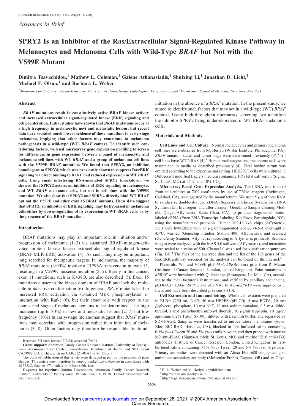 SPRY2 Is an Inhibitor of the Ras/Extracellular Signal-Regulated Kinase Pathway in Melanocytes and Melanoma Cells with Wild-Type BRAF but Not with the V599E Mutant