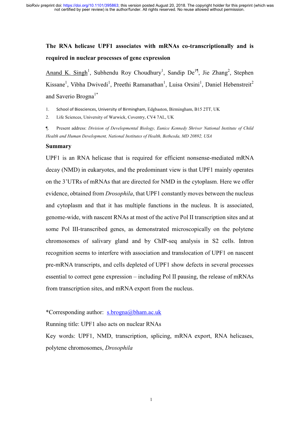 The RNA Helicase UPF1 Associates with Mrnas Co-Transcriptionally and Is Required in Nuclear Processes of Gene Expression