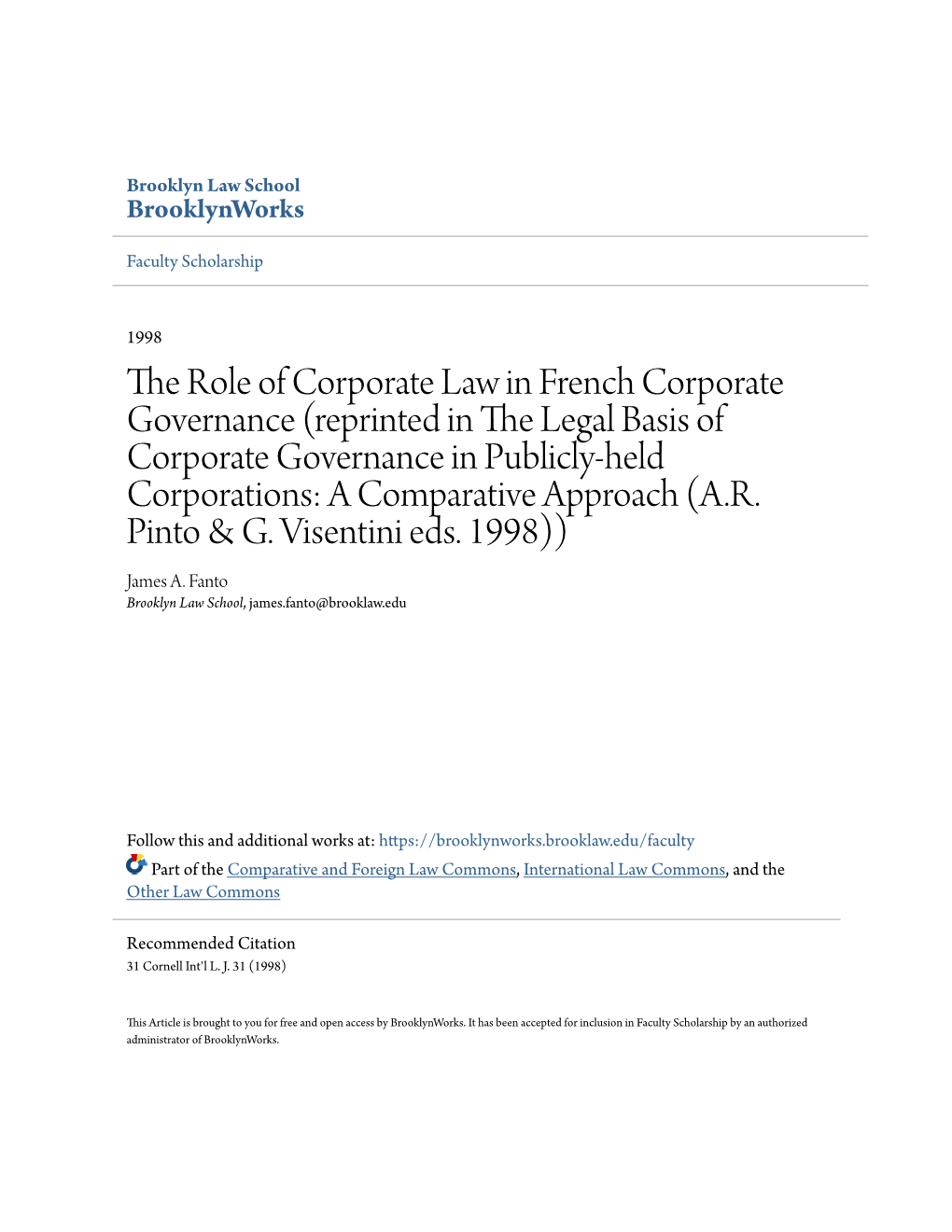 The Role of Corporate Law in French Corporate Governance (Reprinted In