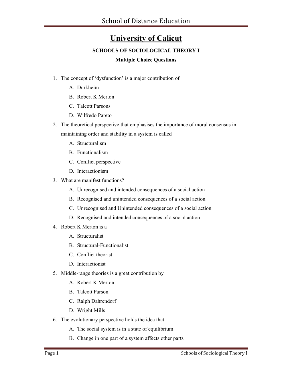 SCHOOLS of SOCIOLOGICAL THEORY I Multiple Choice Questions