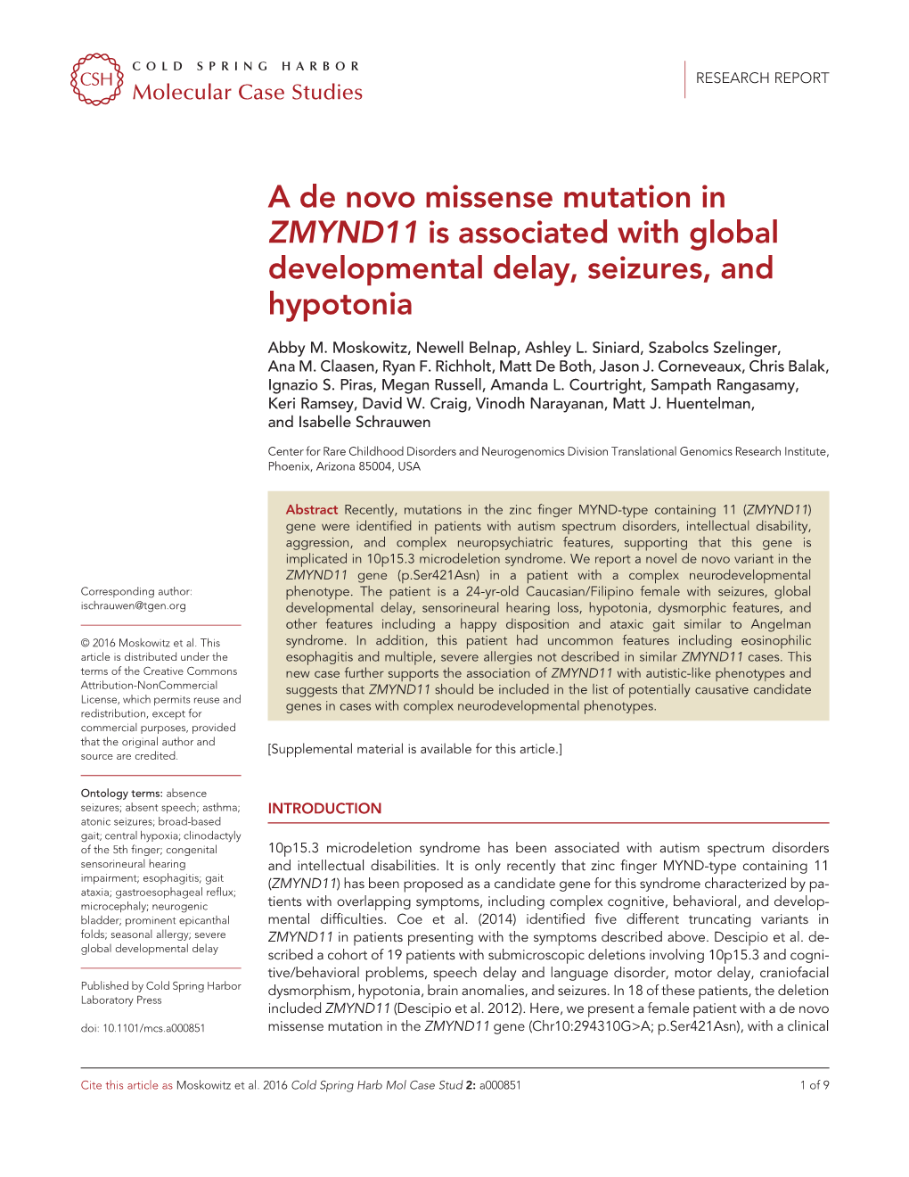 A De Novo Missense Mutation in ZMYND11 Is Associated with Global Developmental Delay, Seizures, and Hypotonia