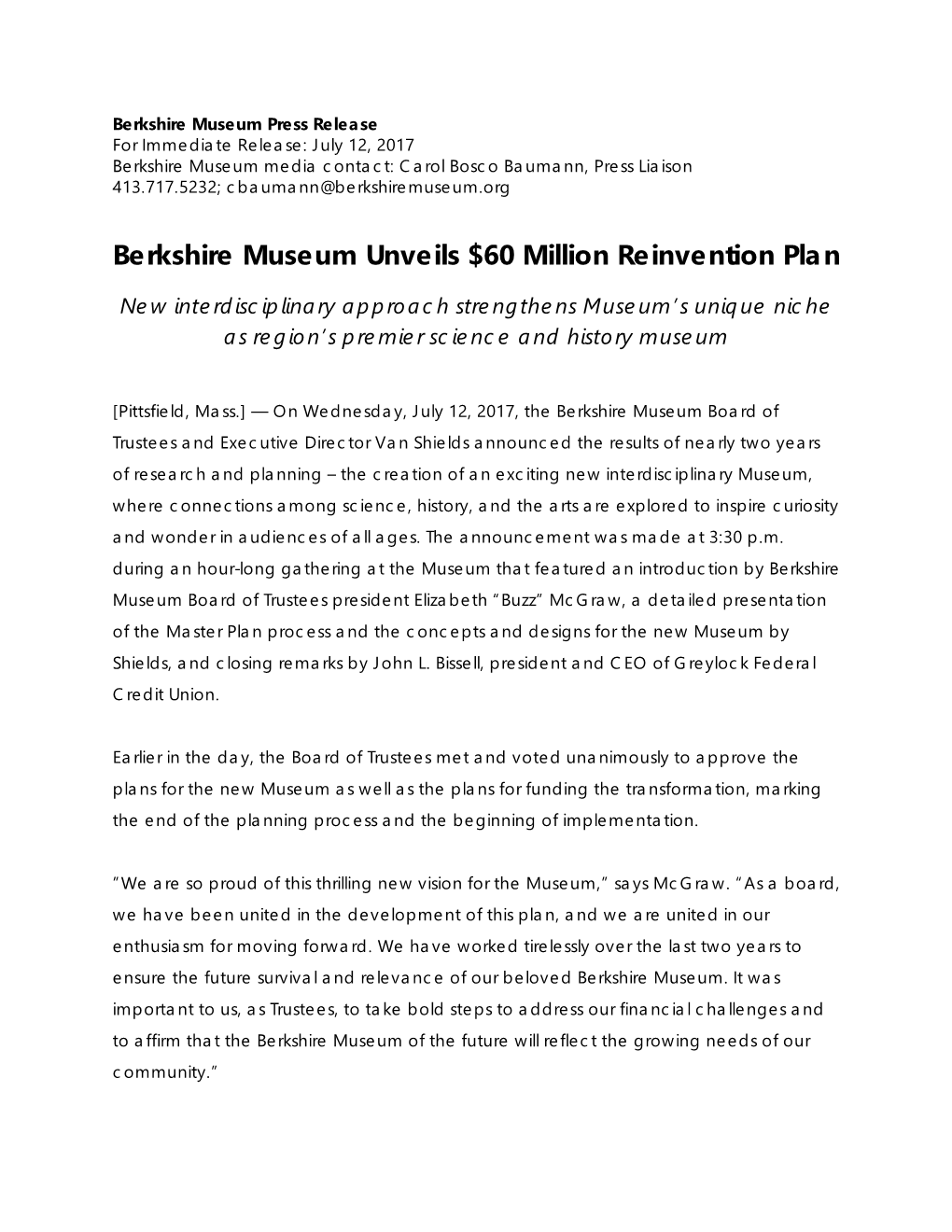 Berkshire Museum Unveils $60 Million Reinvention Plan