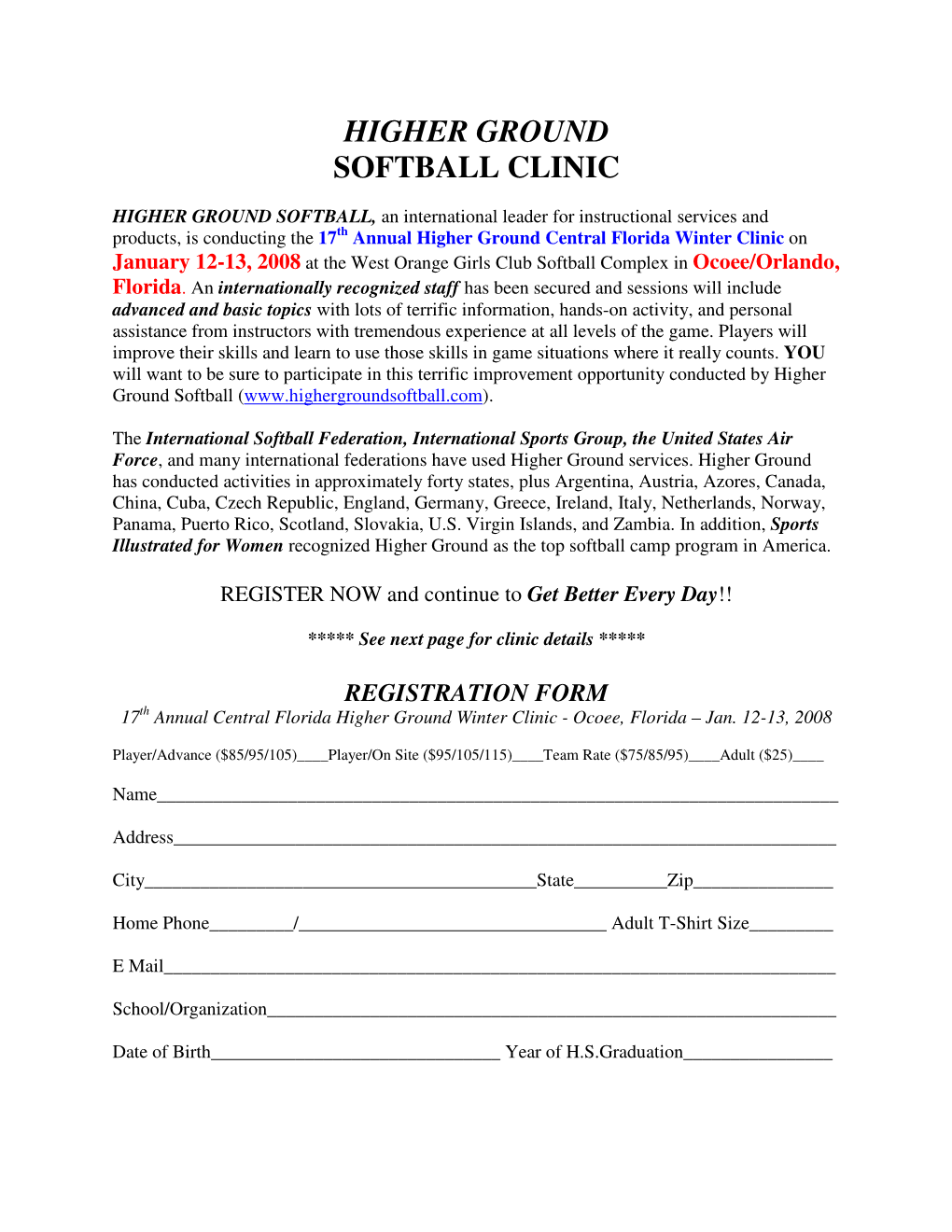Higher Ground Softball Clinic